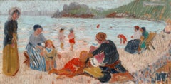 Sur la plage - Pointillist Oil, Figures in Coastal Landscape by Robert Boulet