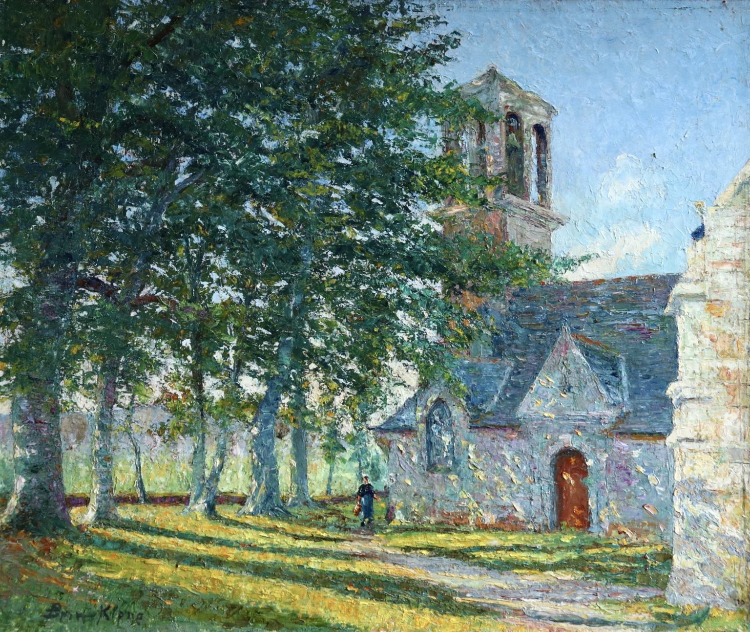 Bernardus Henricus Klene Figurative Painting - Paysage Breton - Impressionist Oil, Figure by Church in Landscape by B H Klene