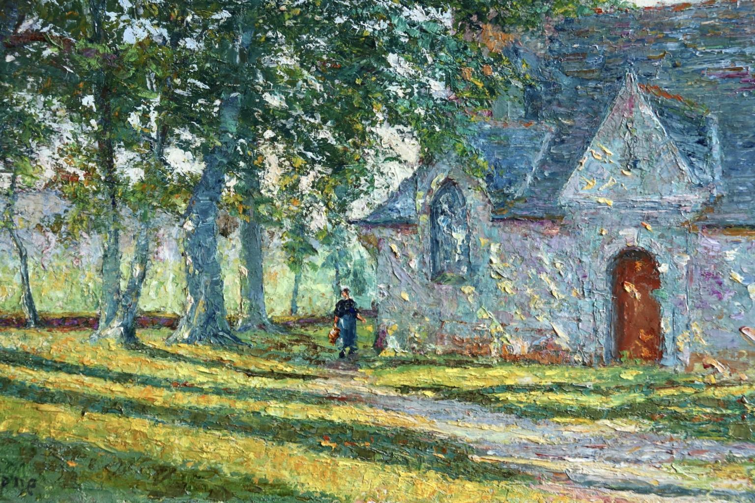 Paysage Breton - Impressionist Oil, Figure by Church in Landscape by B H Klene - Gray Figurative Painting by Bernardus Henricus Klene