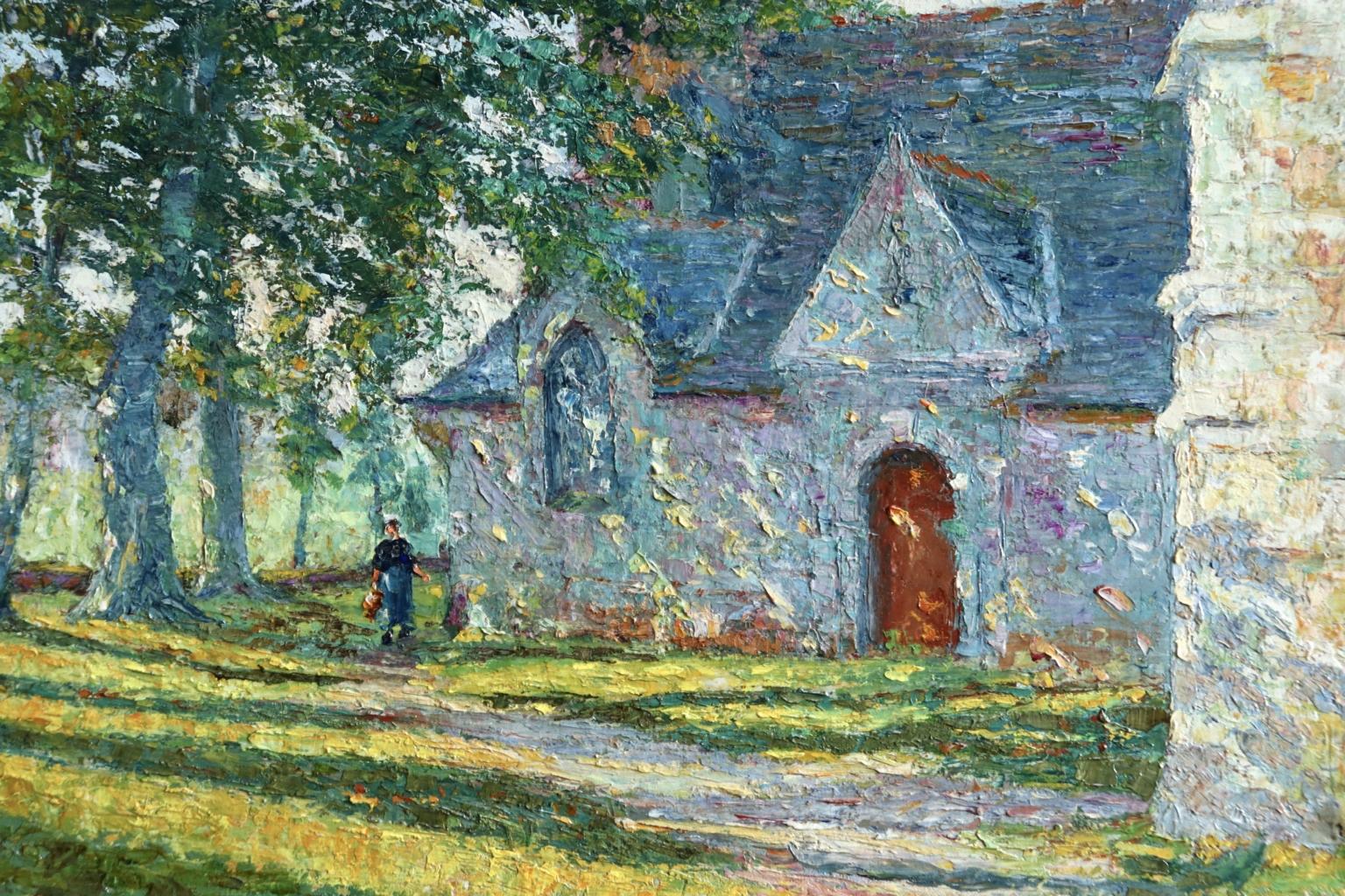 A beautiful oil on canvas circa 1905 by Dutch painter Bernardus Henricus Klene depicting a figure standing in a tree's shadow by a church on a bright sunny day. Signed lower left. This painting is not currently framed but a suitable frame can be