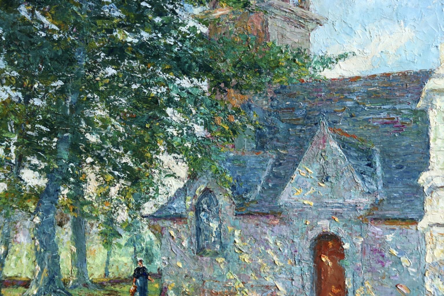Paysage Breton - Impressionist Oil, Figure by Church in Landscape by B H Klene 1