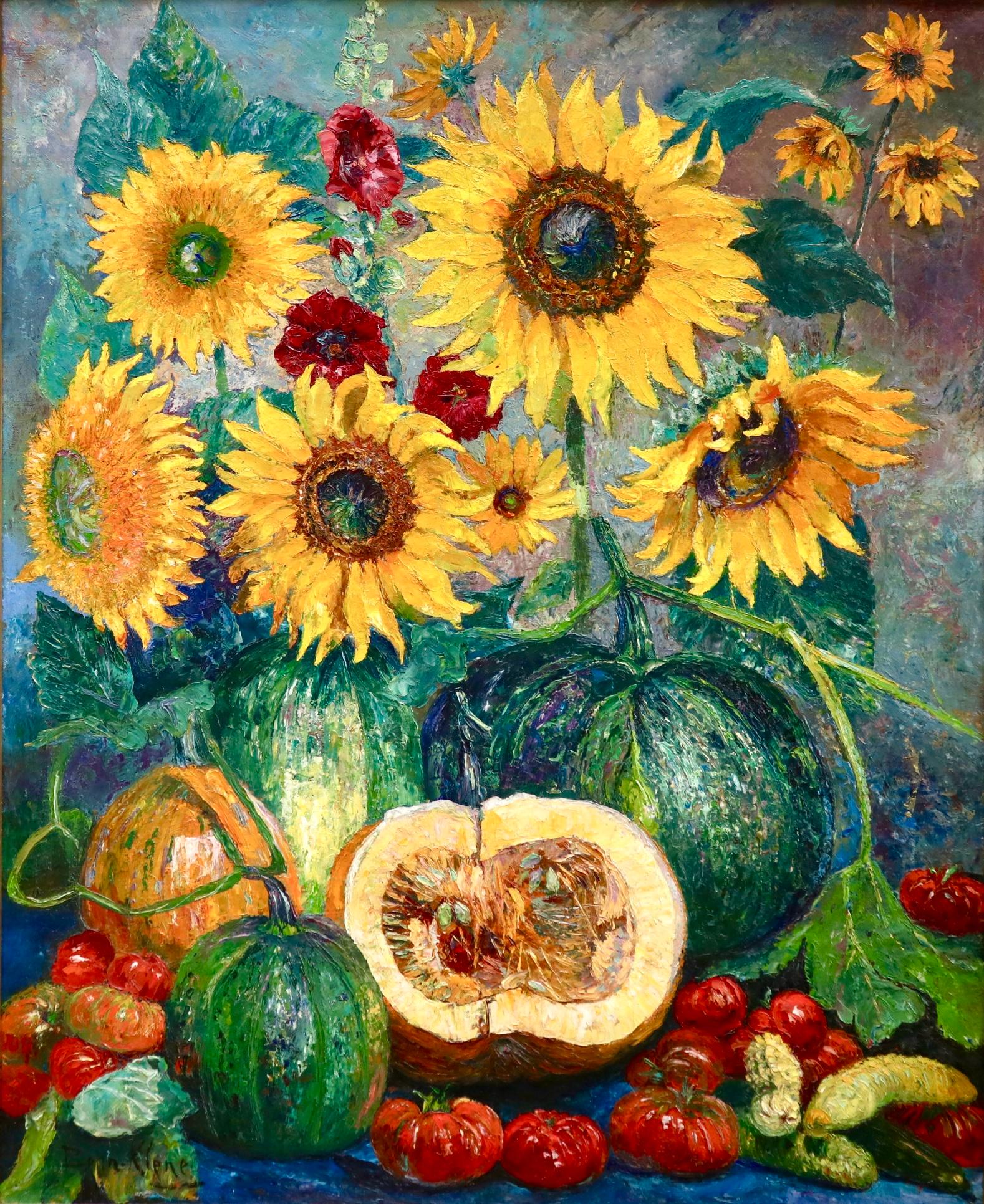 Bernardus Henricus Klene Still-Life Painting - Soleils et Potirons - Impressionist Oil, Flowers & Vegetables by Bernardus Klene