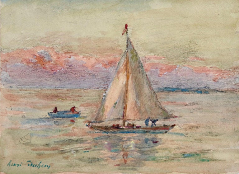 A beautiful watercolour on paper circa 1920 by French impressionist painter Henri Duhem depicting a sailing boat and a row boat at sea, with the sunset leaving a pink sky in the distance. 

Signature:
Signed lower left

Dimensions:
Unframed: