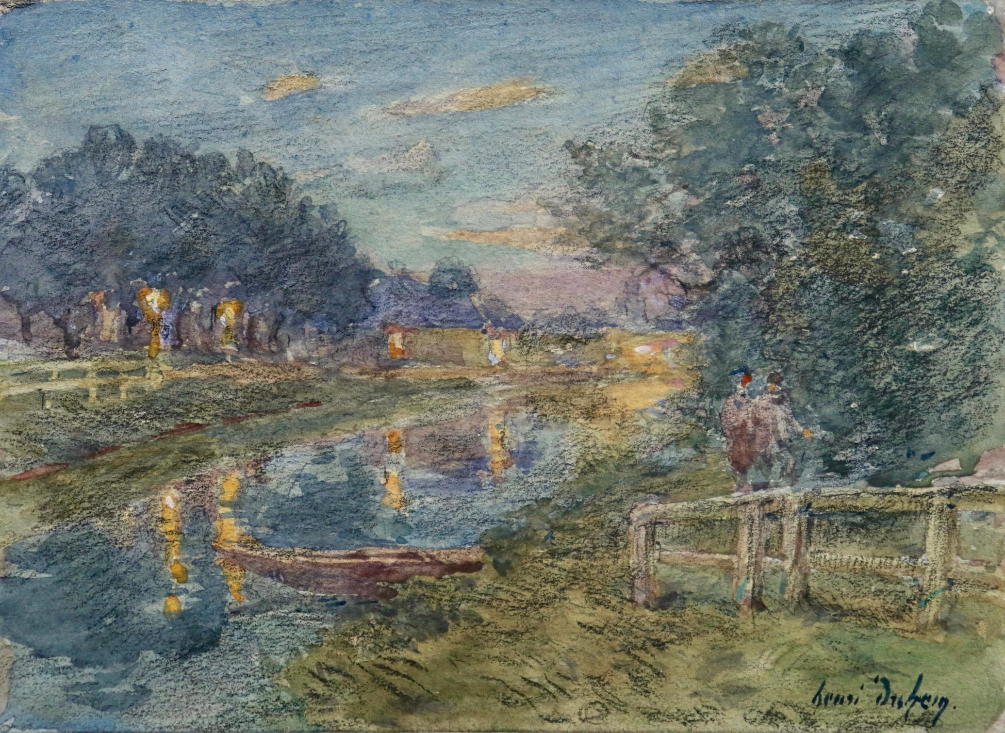 La rivière la nuit- Impressionist Watercolor, Figures by River Landscape - Duhem