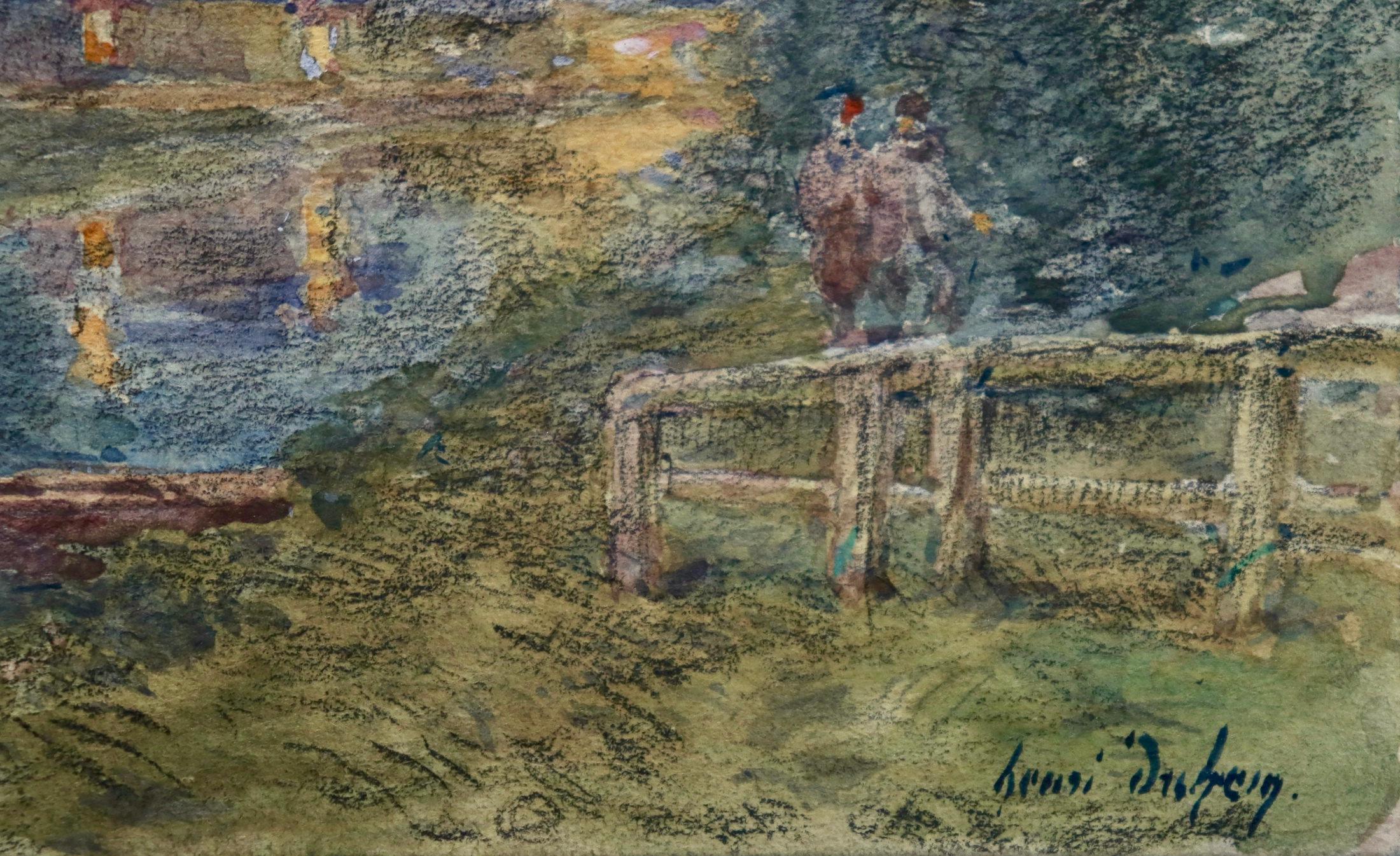 La rivière la nuit- Impressionist Watercolor, Figures by River Landscape - Duhem - Art by Henri Duhem