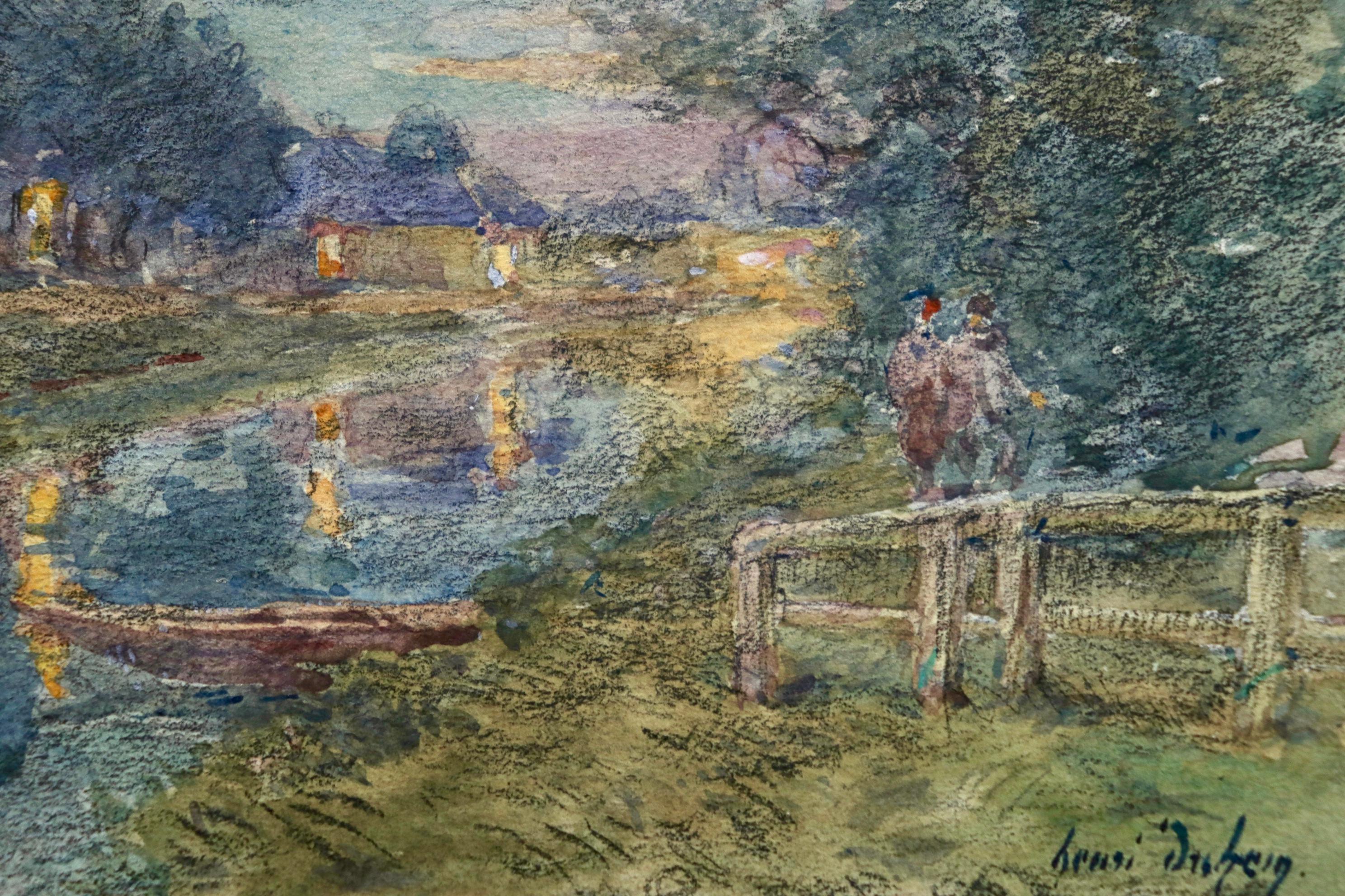 La rivière la nuit- Impressionist Watercolor, Figures by River Landscape - Duhem - Gray Landscape Art by Henri Duhem
