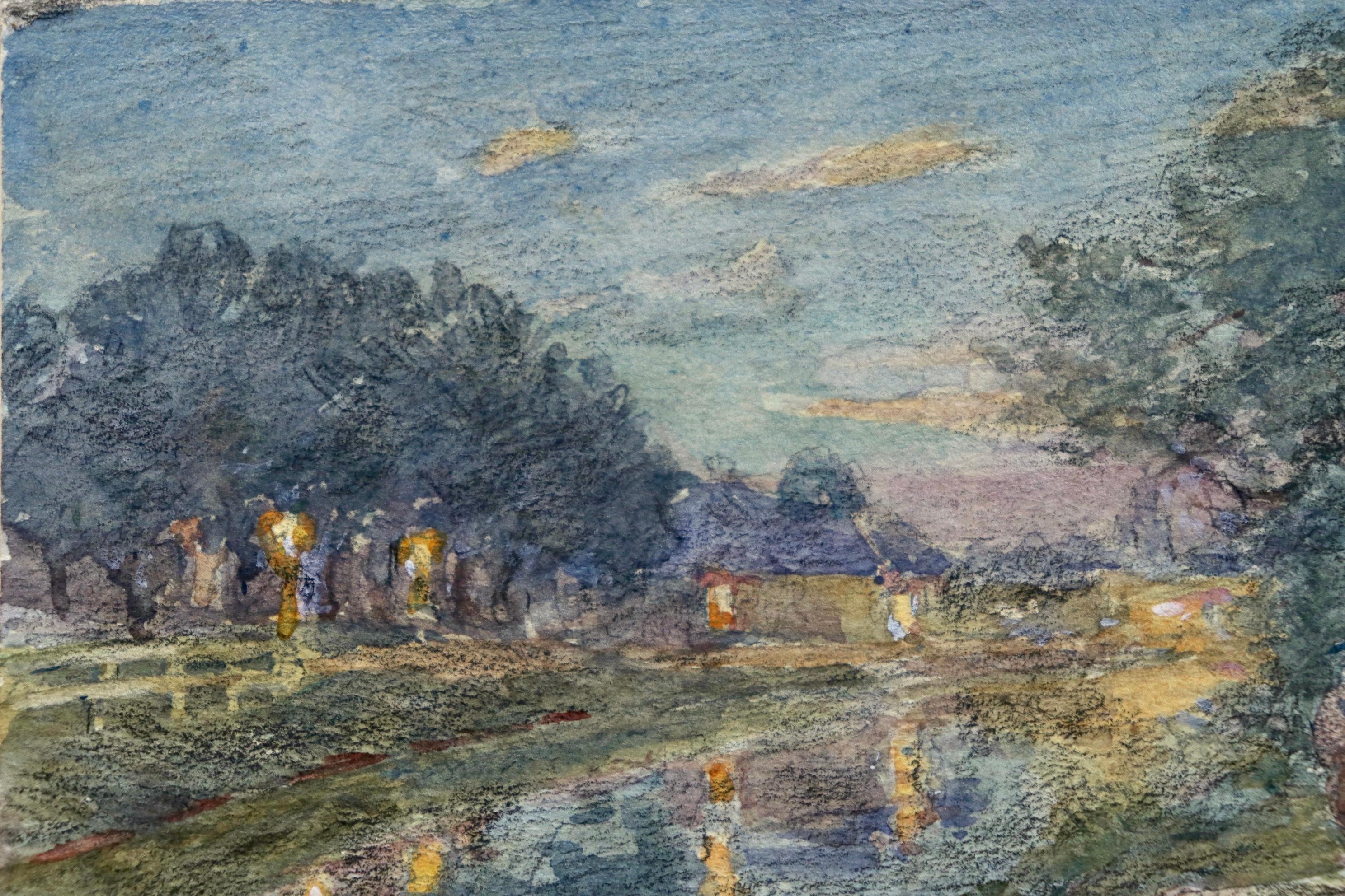 La rivière la nuit- Impressionist Watercolor, Figures by River Landscape - Duhem 1