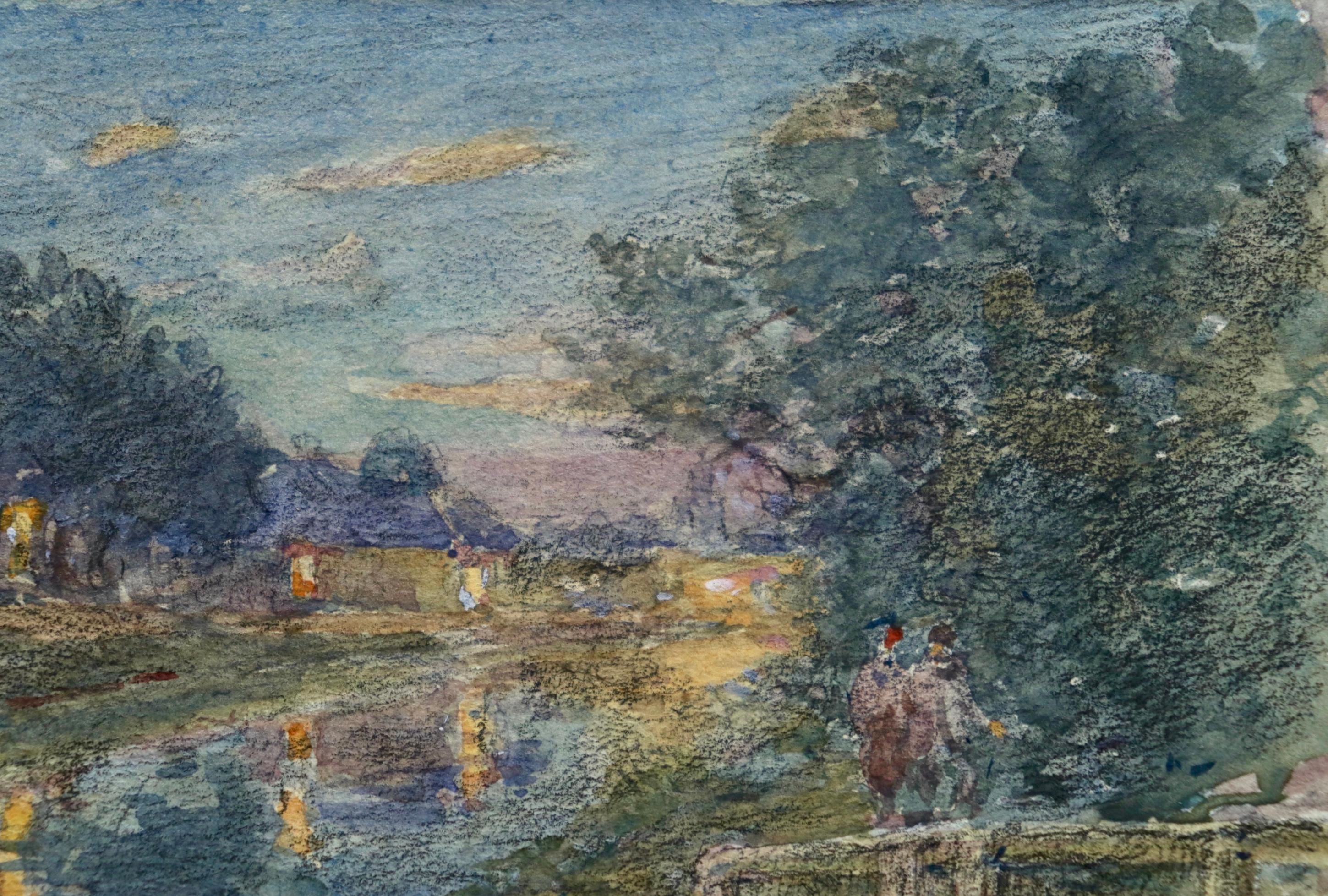 La rivière la nuit- Impressionist Watercolor, Figures by River Landscape - Duhem 2