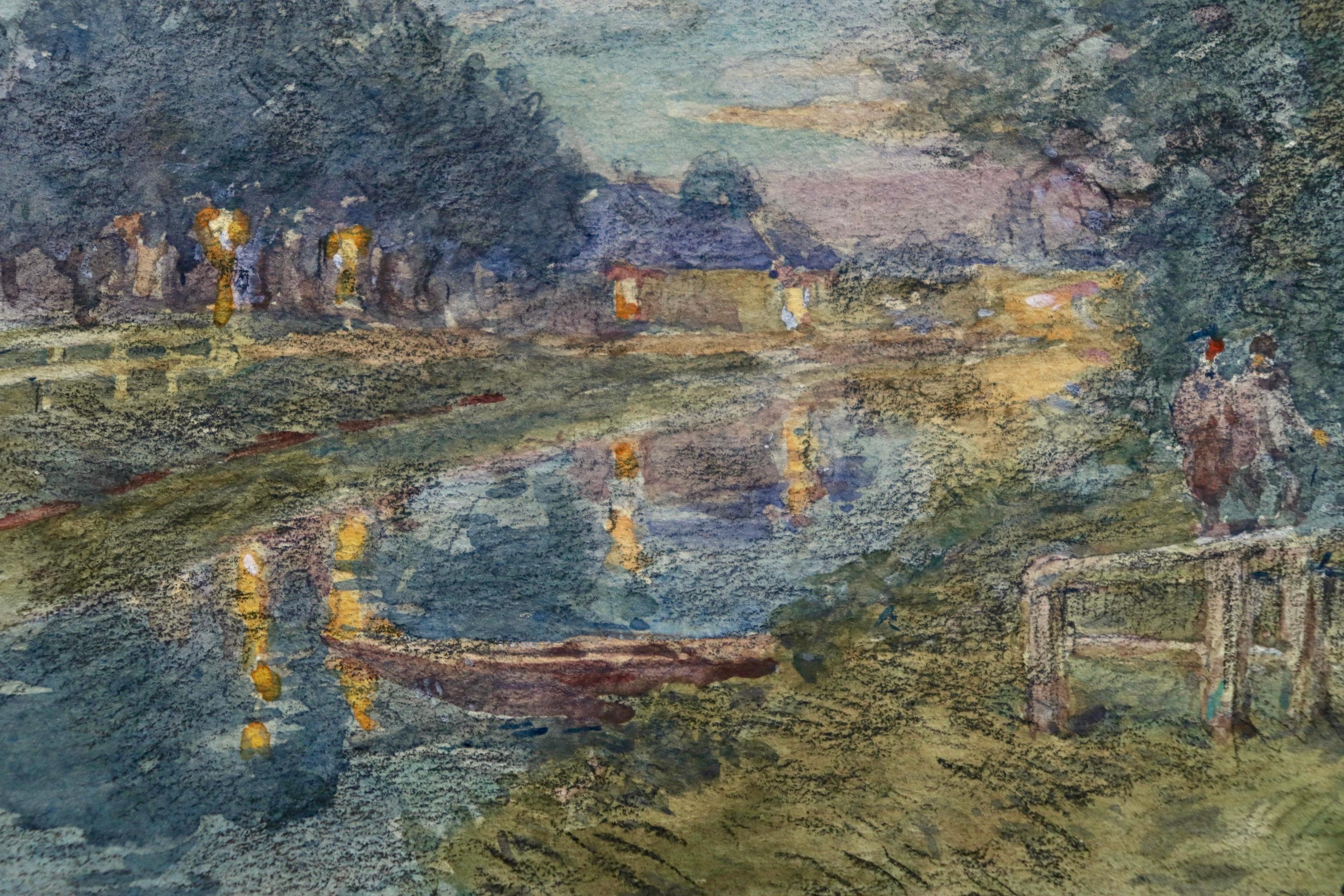 La rivière la nuit- Impressionist Watercolor, Figures by River Landscape - Duhem 3