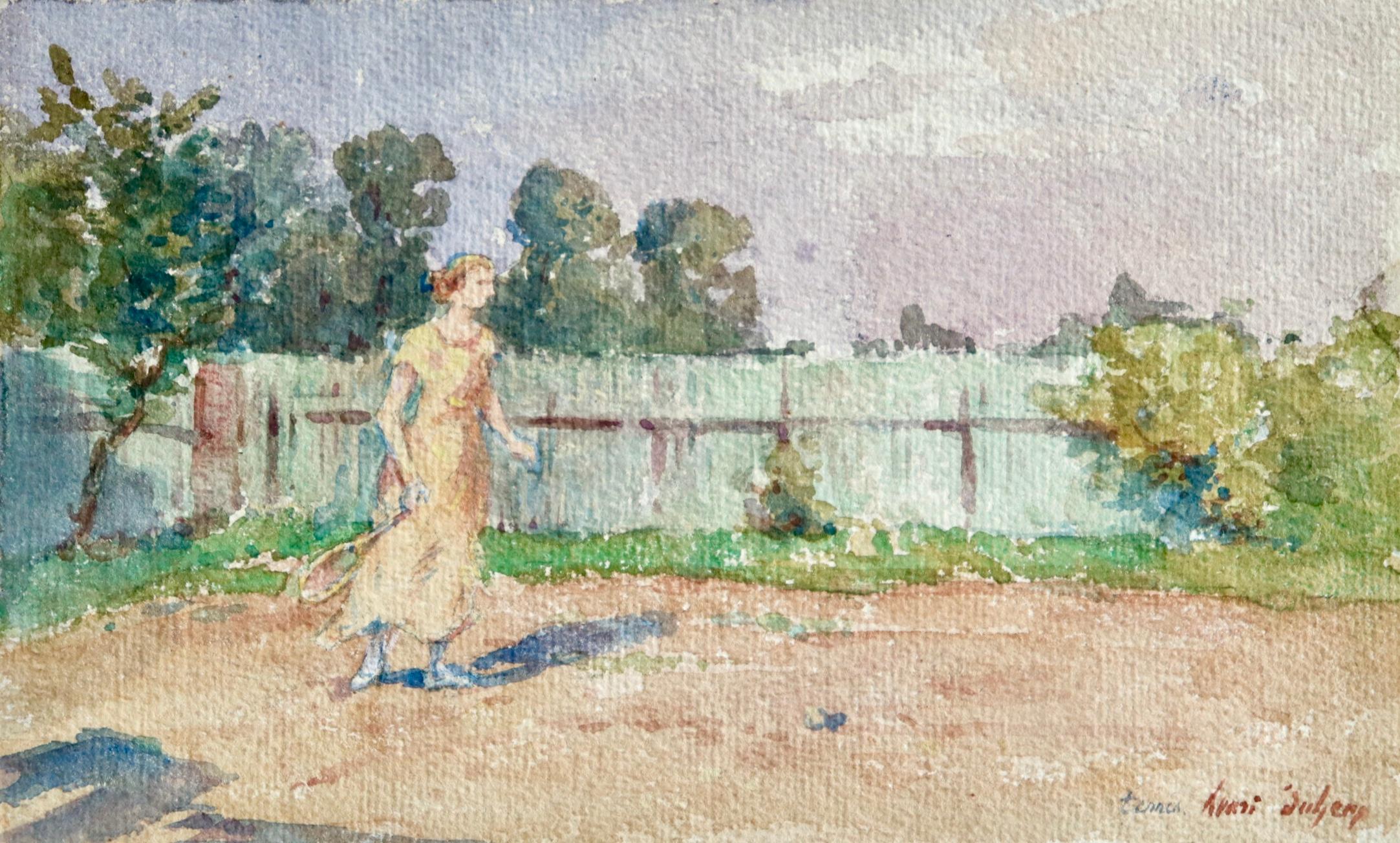 Henri Duhem Figurative Art – Tennis – Impressionistisches Aquarell, Frau beim Tennisspiel in Landschaft von H Duhem