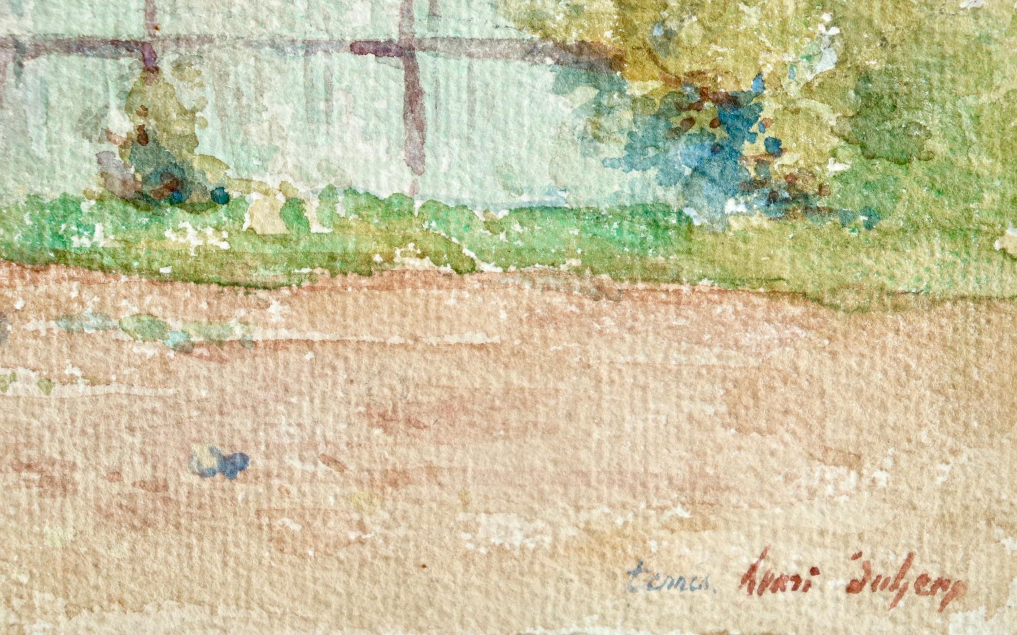 Tennis - Impressionist Watercolor, Woman Playing Tennis in Landscape by H Duhem - Art by Henri Duhem