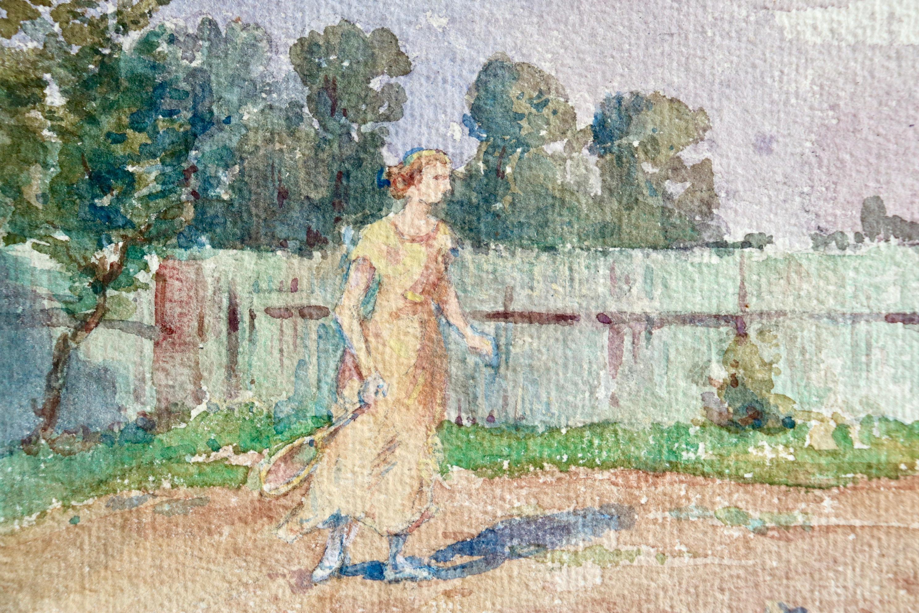 Aquarelle impressionniste « Woman Playing Tennis in Landscape » de H Duhem - Impressionnisme Art par Henri Duhem