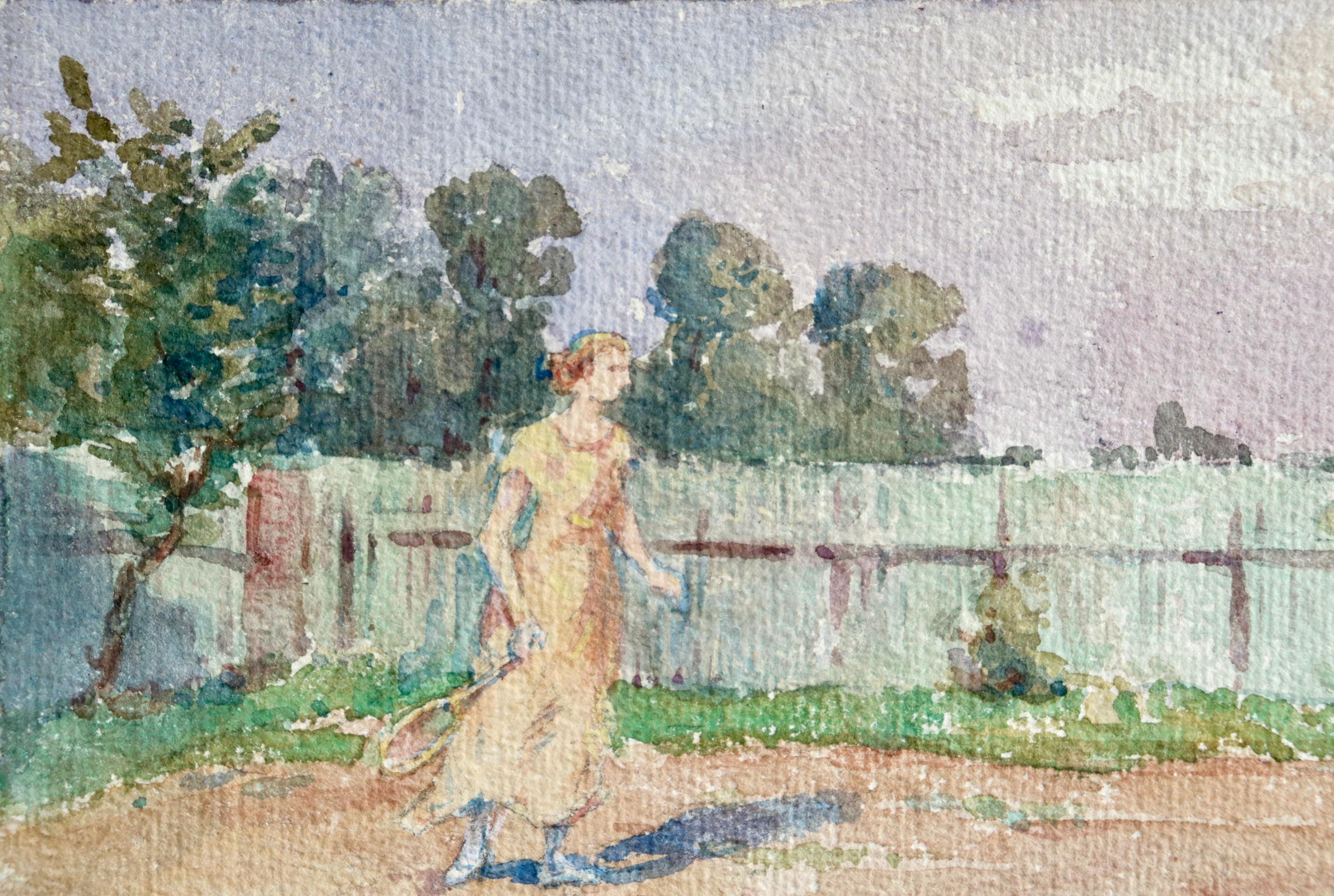 Tennis - Impressionist Watercolor, Woman Playing Tennis in Landscape by H Duhem - Beige Figurative Art by Henri Duhem