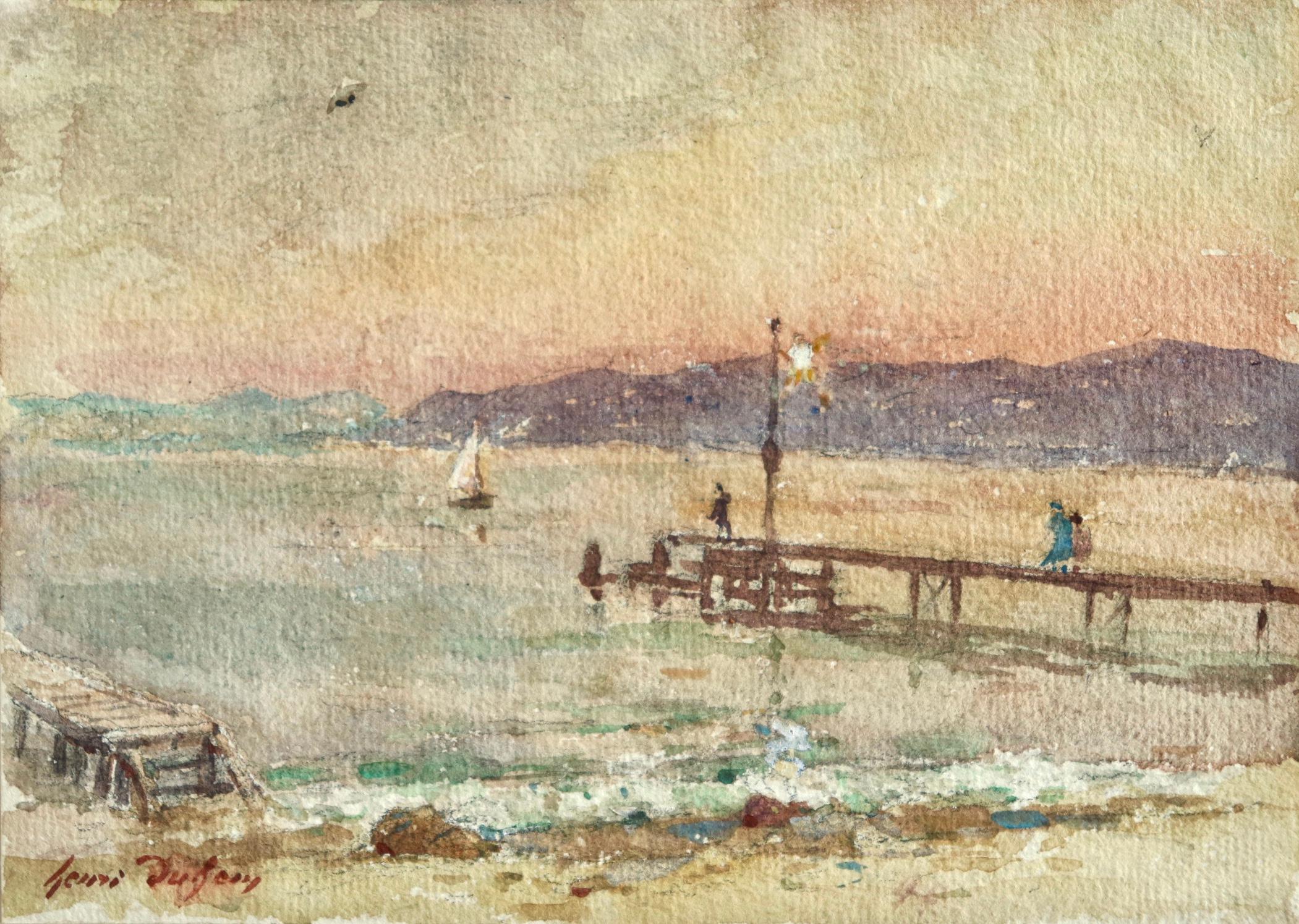 Henri Duhem Figurative Art - Le quai - le soir - Impressionist Watercolor, Figures at the Coast by H Duhem