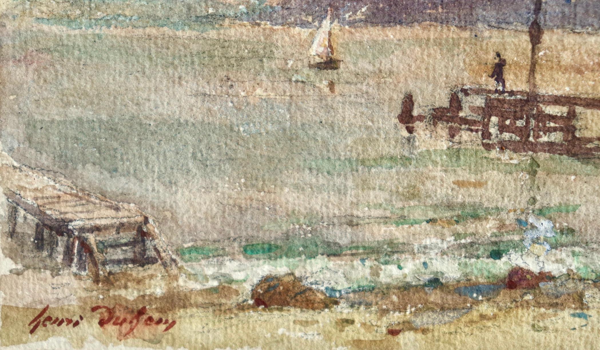 Le quai - le soir - Impressionist Watercolor, Figures at the Coast by H Duhem - Art by Henri Duhem