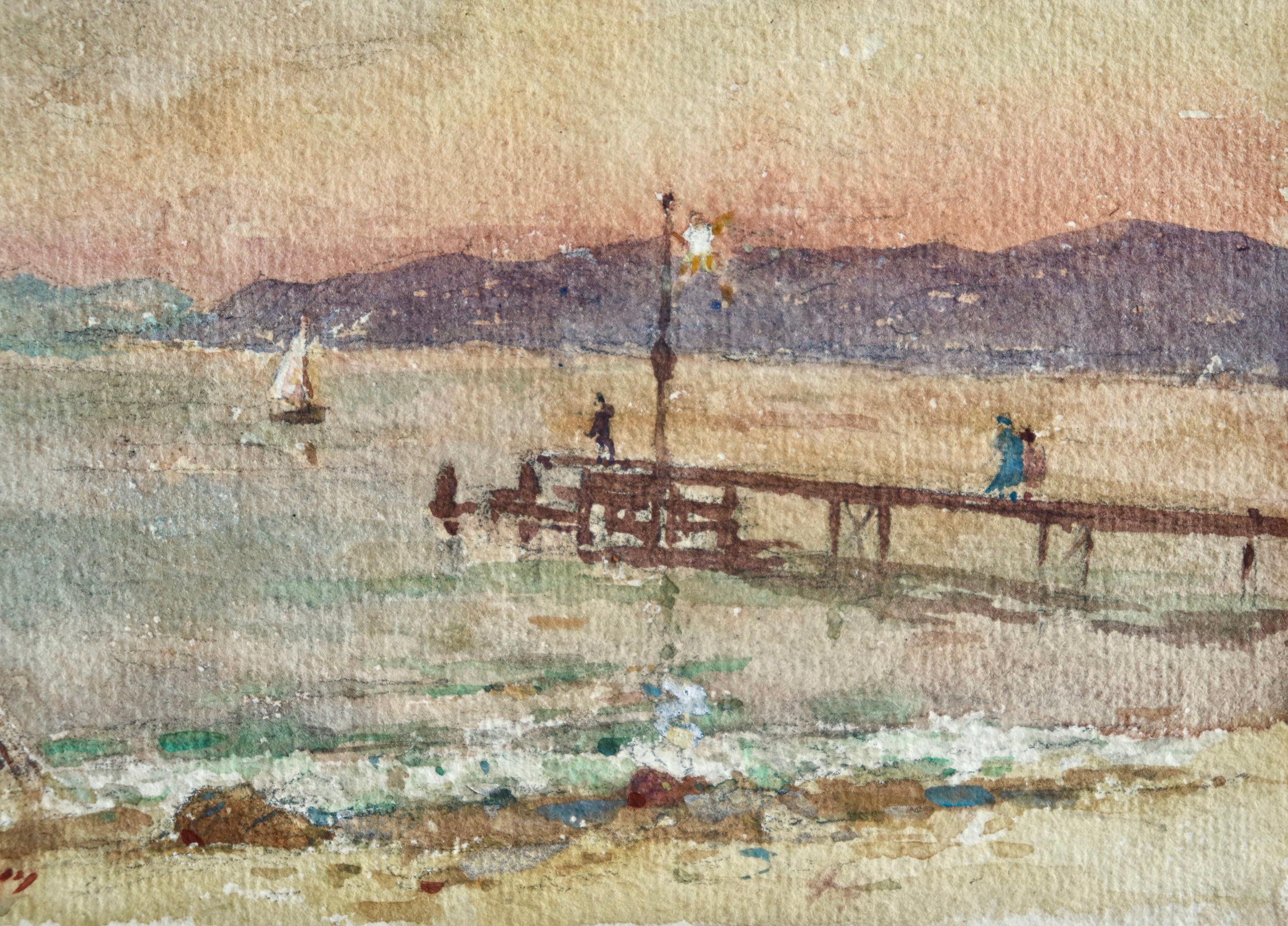Le quai - le soir - Impressionist Watercolor, Figures at the Coast by H Duhem - Beige Figurative Art by Henri Duhem