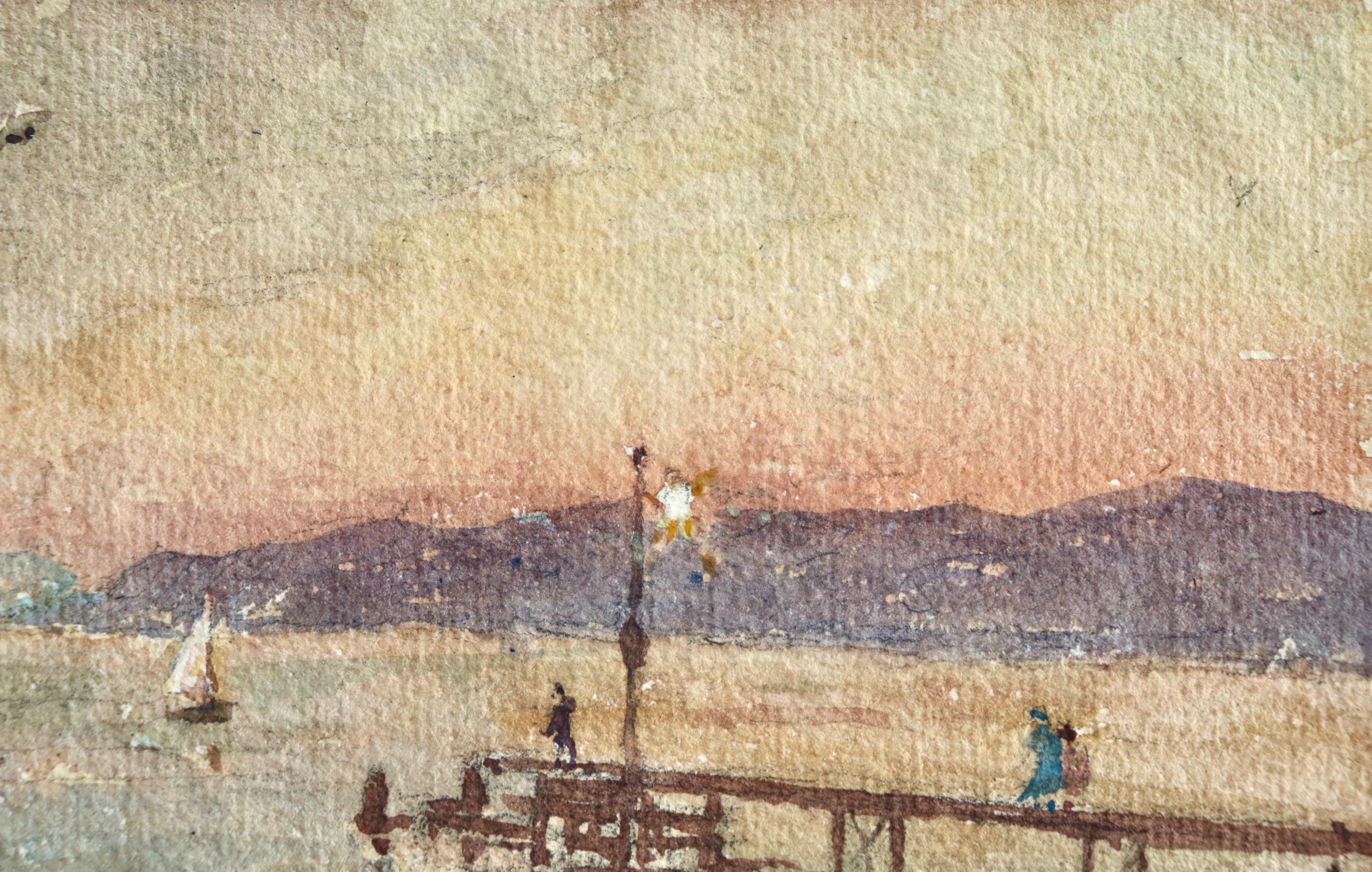 Watercolour on paper circa 1925 by French Impressionist painter Henri Duhem depicting people walking along a dock as a boat sails in the ocean and the last light glows pink behind the distance hills. Signed lower left. This piece is not currently