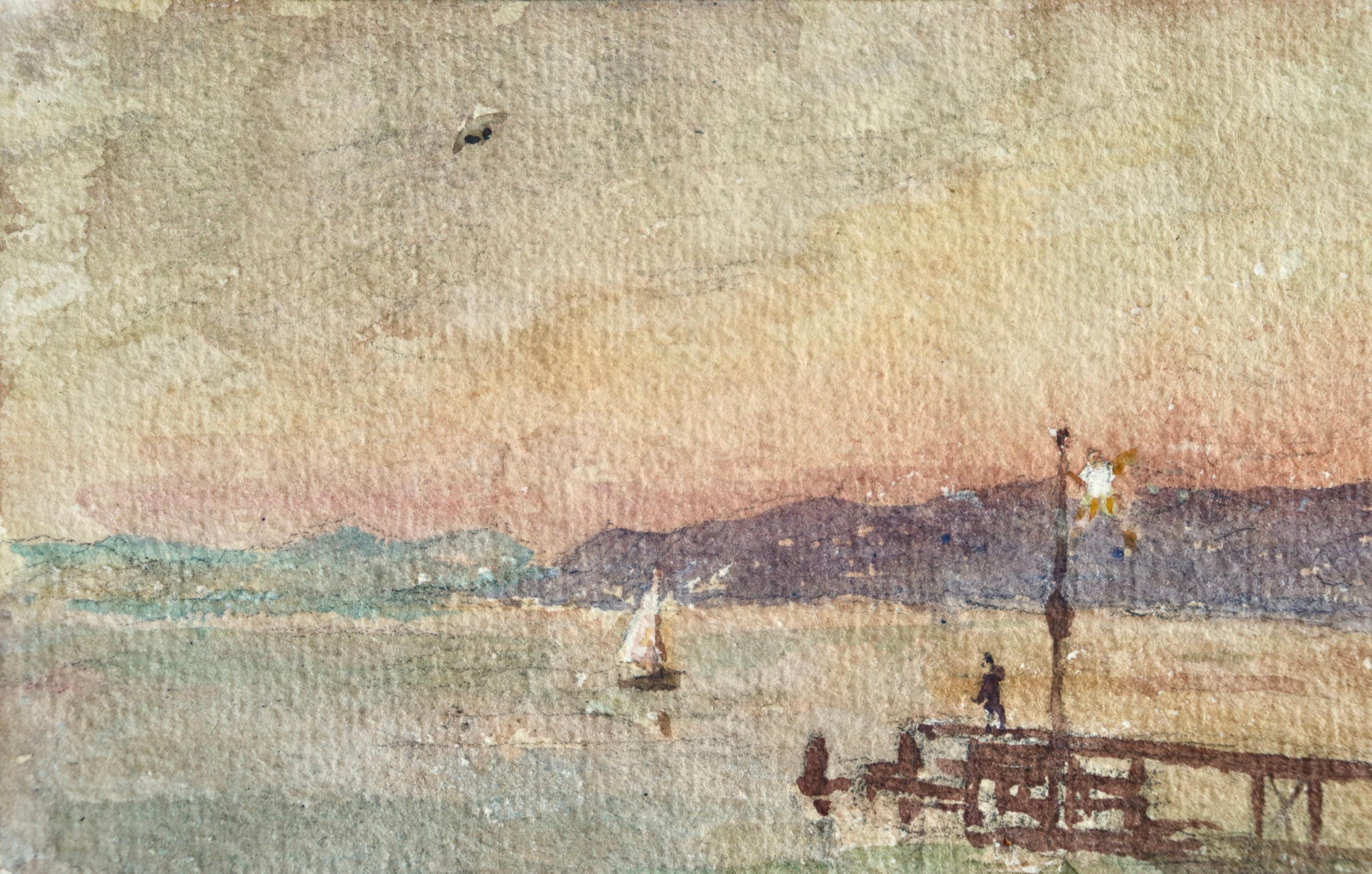 Le quai - le soir - Impressionist Watercolor, Figures at the Coast by H Duhem 2