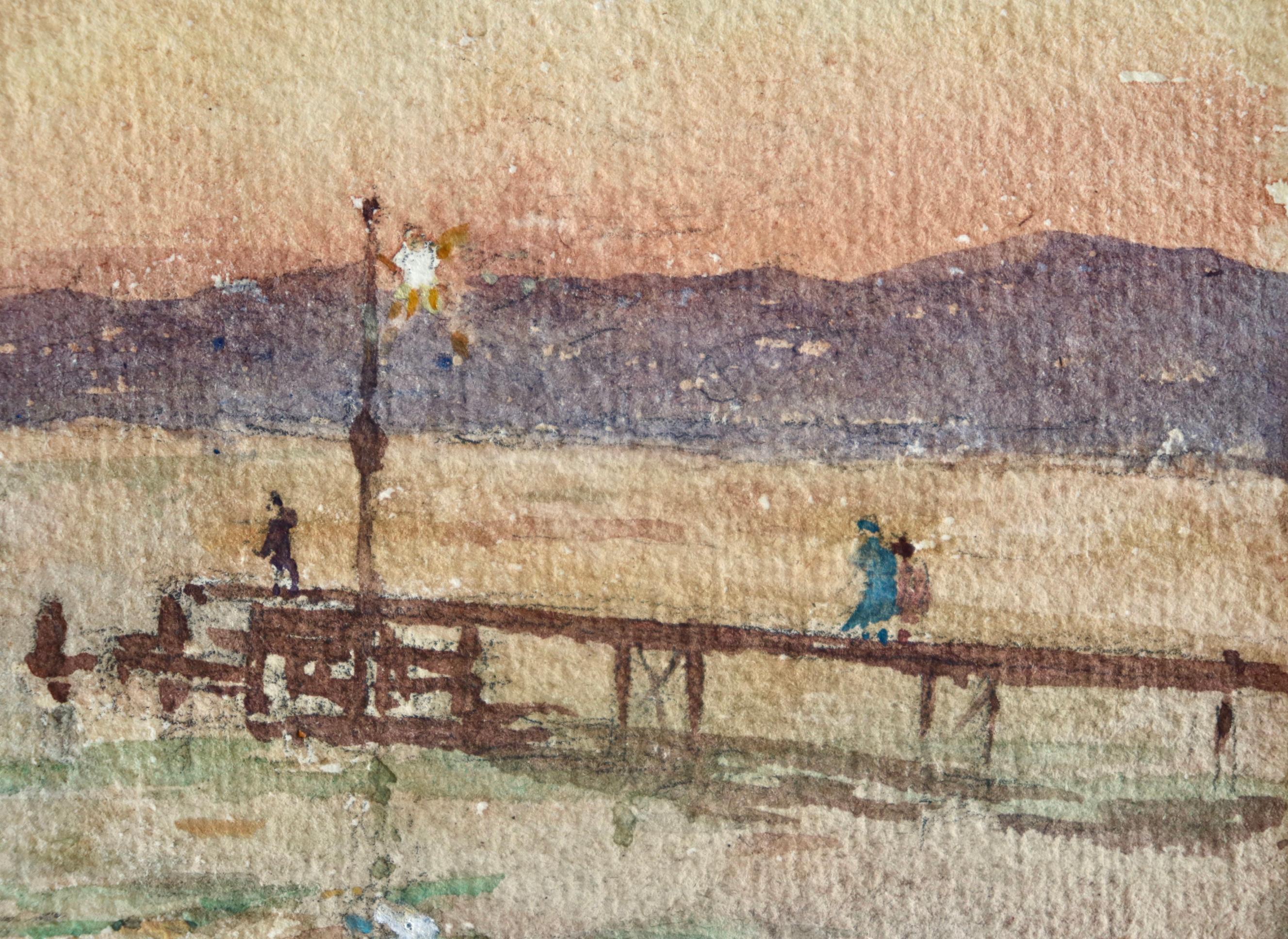 Le quai - le soir - Impressionist Watercolor, Figures at the Coast by H Duhem 1