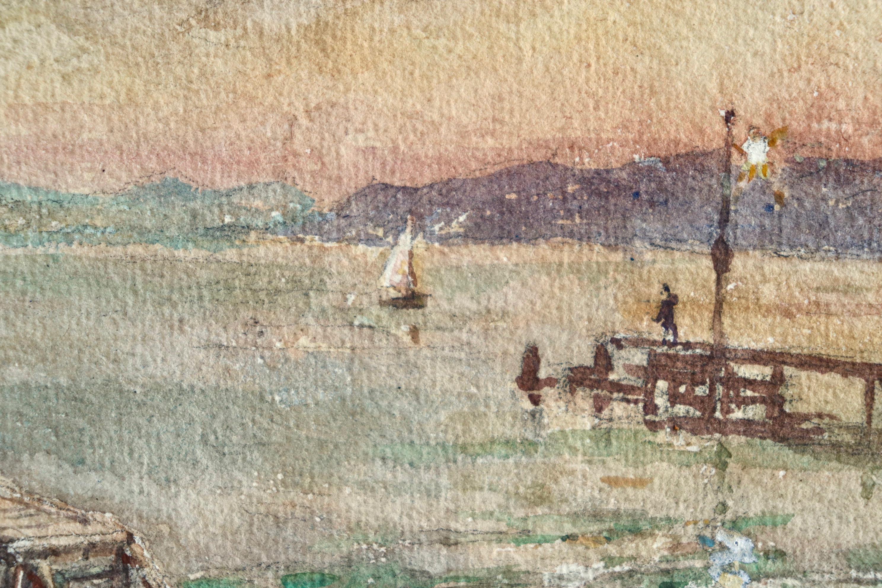 Le quai - le soir - Impressionist Watercolor, Figures at the Coast by H Duhem 3