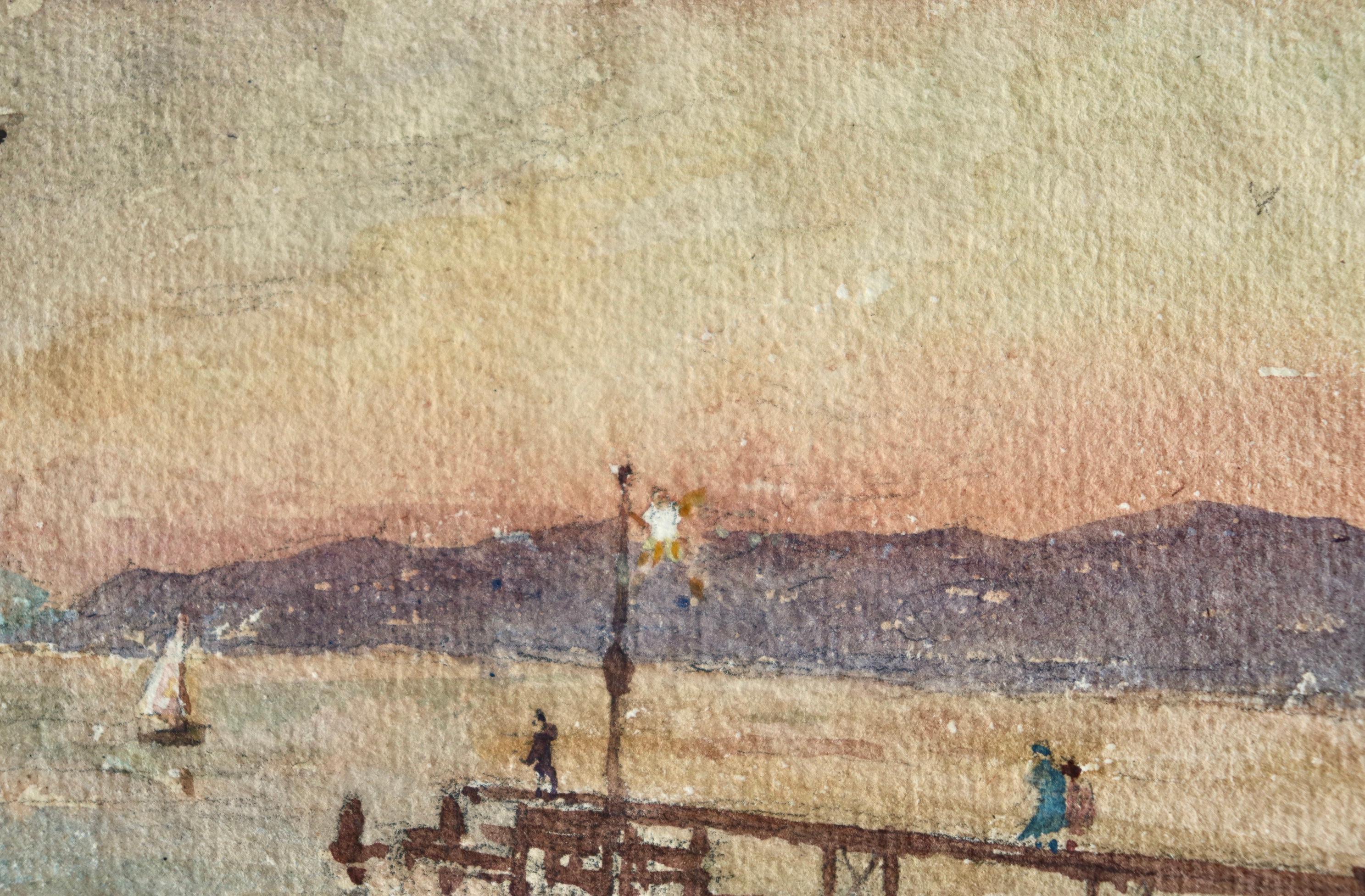 Le quai - le soir - Impressionist Watercolor, Figures at the Coast by H Duhem 4