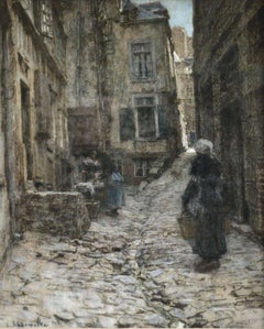Saint Malo - Barbizon Pastel, Figures in Street Scene by Leon Augustin Lhermitte