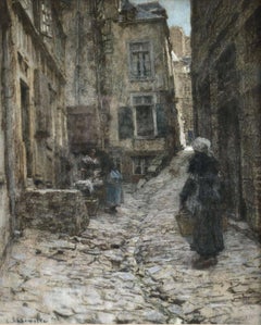 Used Saint Malo - Barbizon Pastel, Figures in Street Scene by Leon Augustin Lhermitte