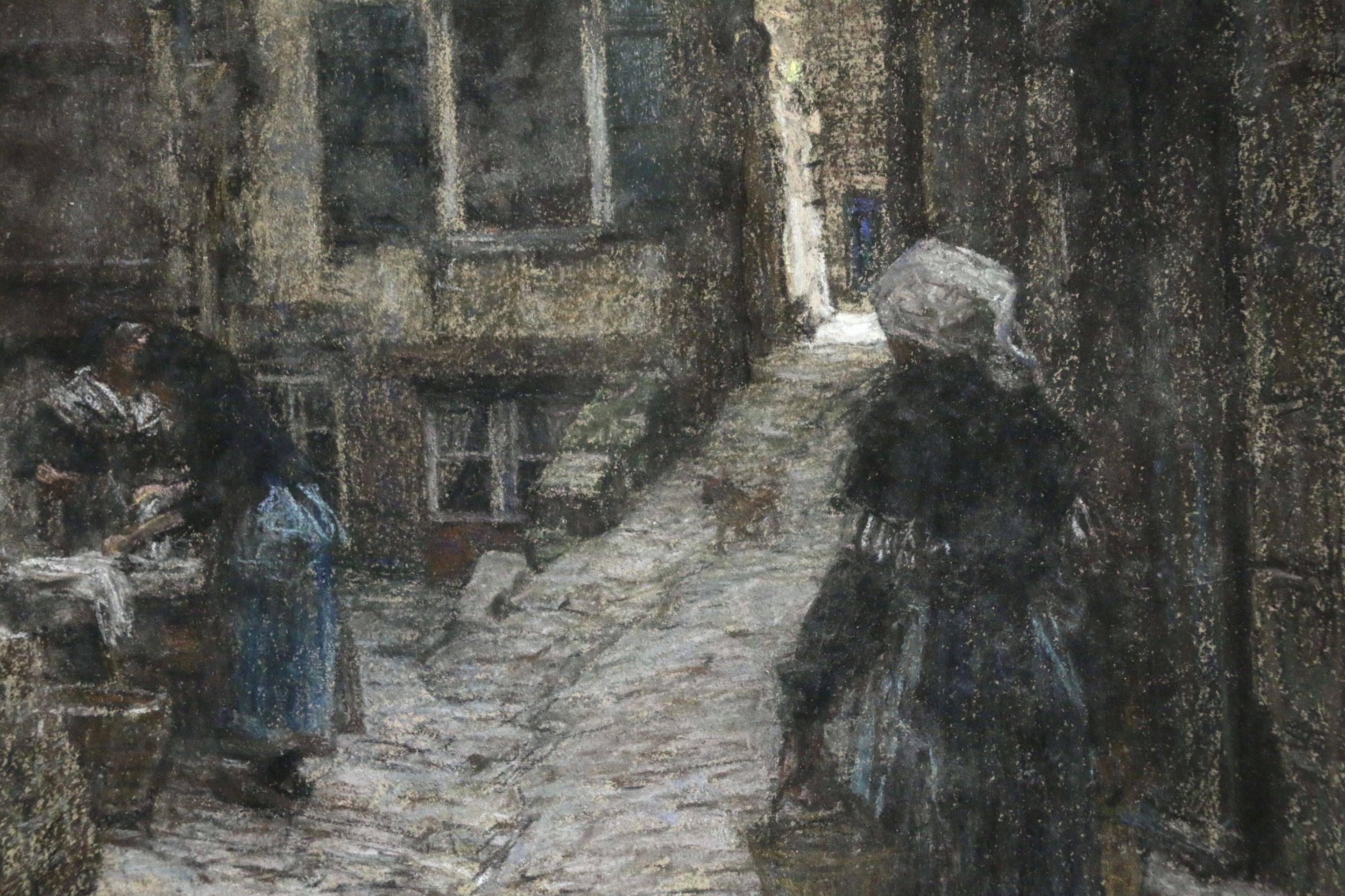 A wonderful pastel on canvas circa 1900 by French Barbizon artist, Leon Augustine Lhermitte depicting figures on a cobbled street at Saint-Malo, a French port in Brittany. Signed lower left. Framed dimensions are 27 inches wide by 23 inches