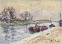 Péniches sur le canal - Impressionist Watercolour, Landscape by Henri Duhem