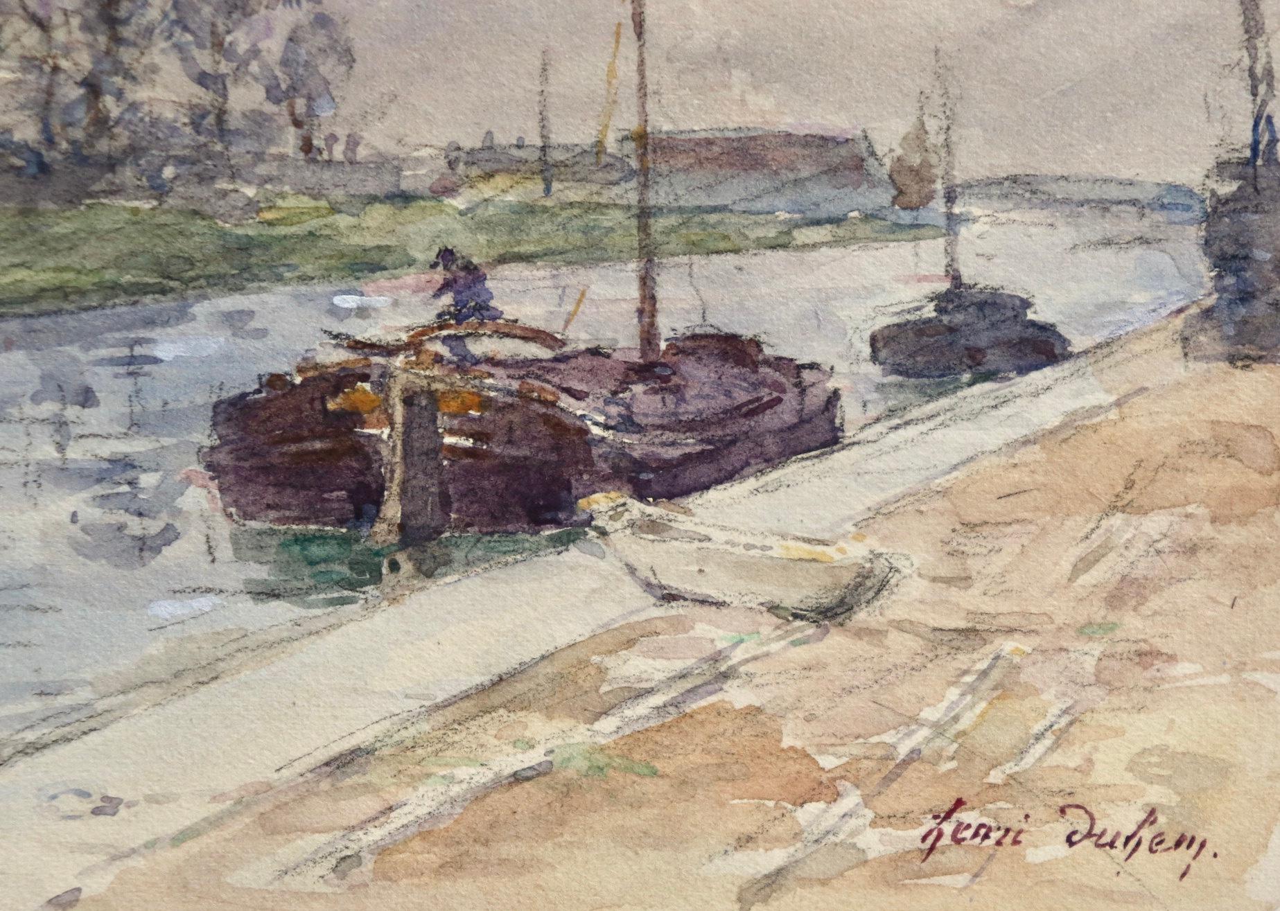 Péniches sur le canal - Impressionist Watercolour, Landscape by Henri Duhem 1