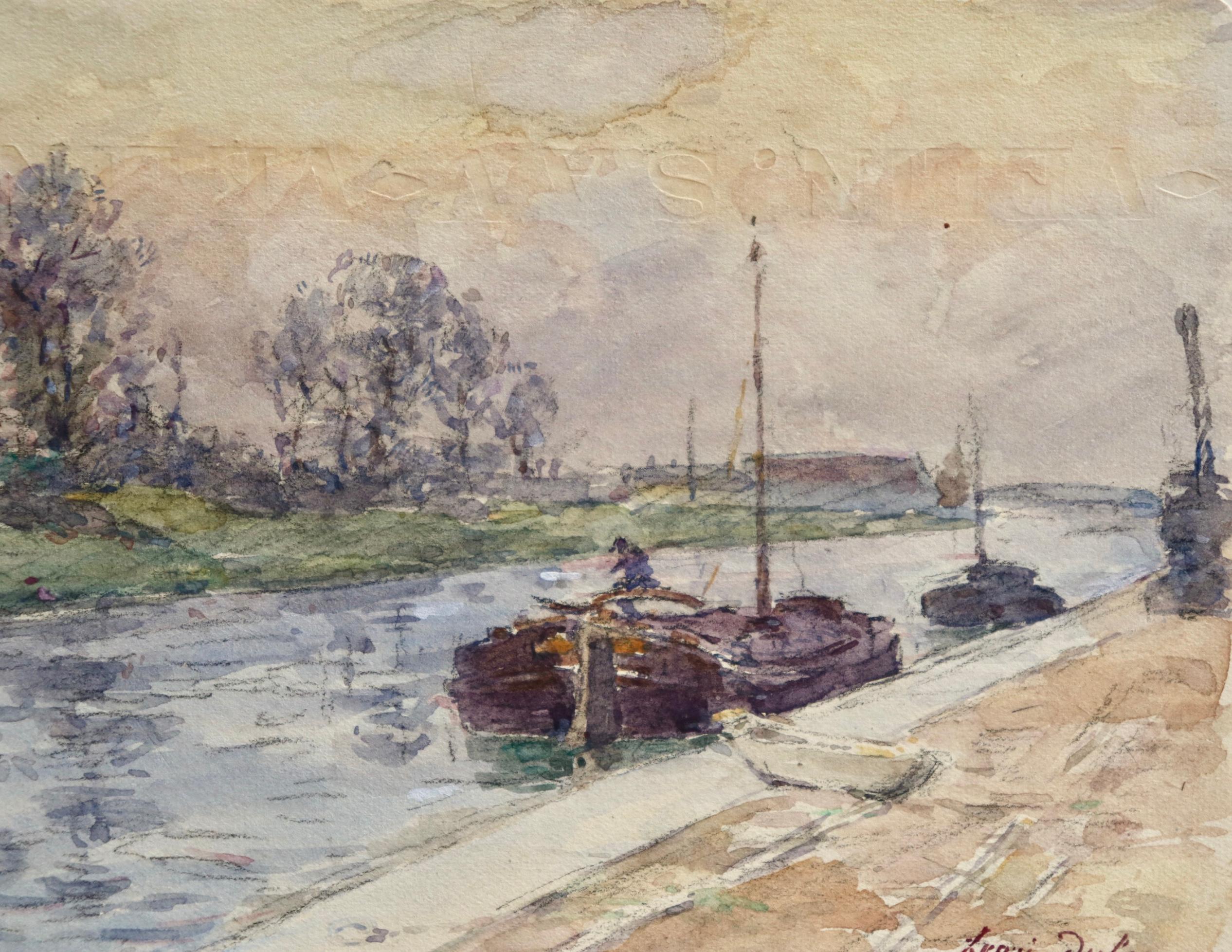 Péniches sur le canal - Impressionist Watercolour, Landscape by Henri Duhem 2