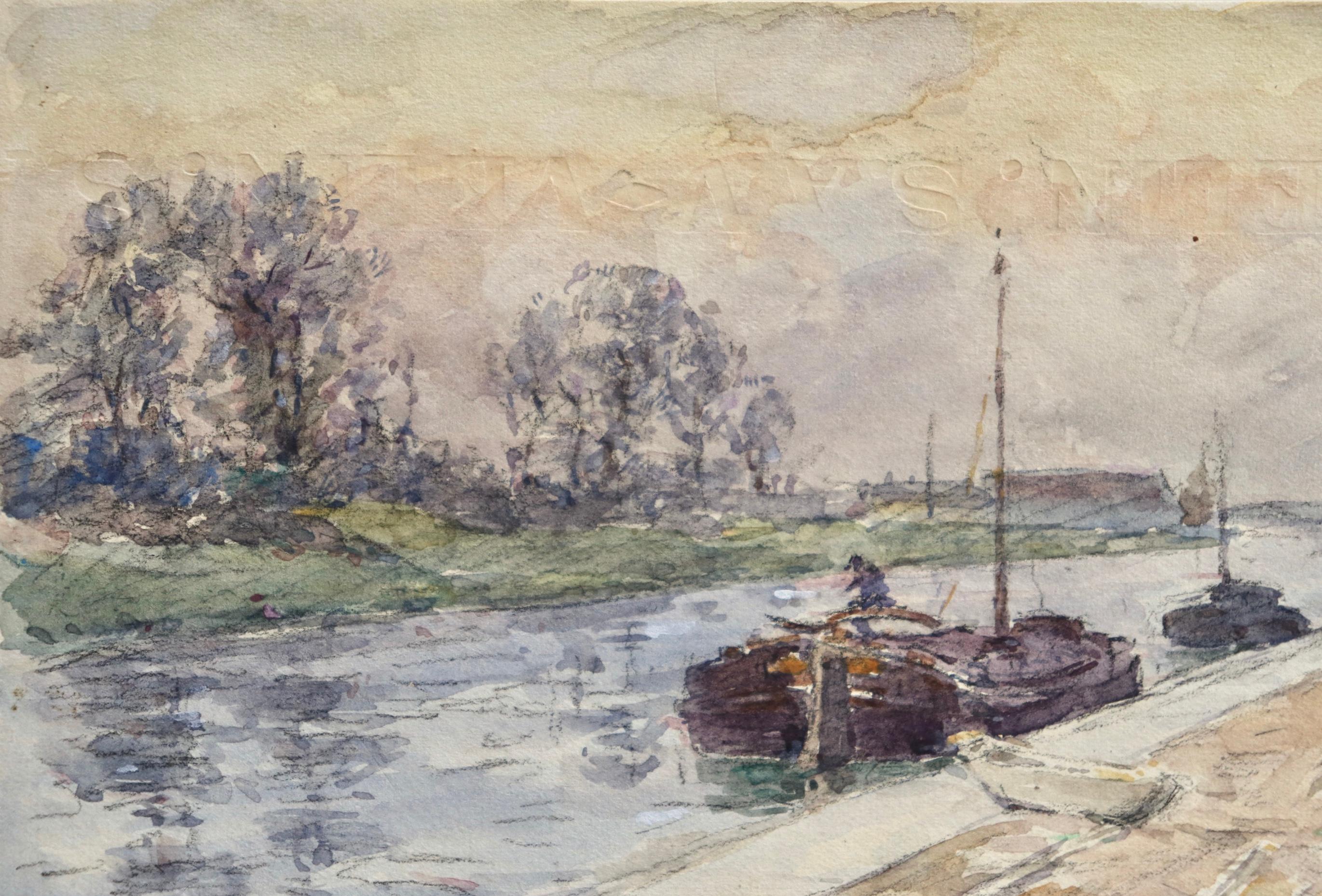 Péniches sur le canal - Impressionist Watercolour, Landscape by Henri Duhem 3