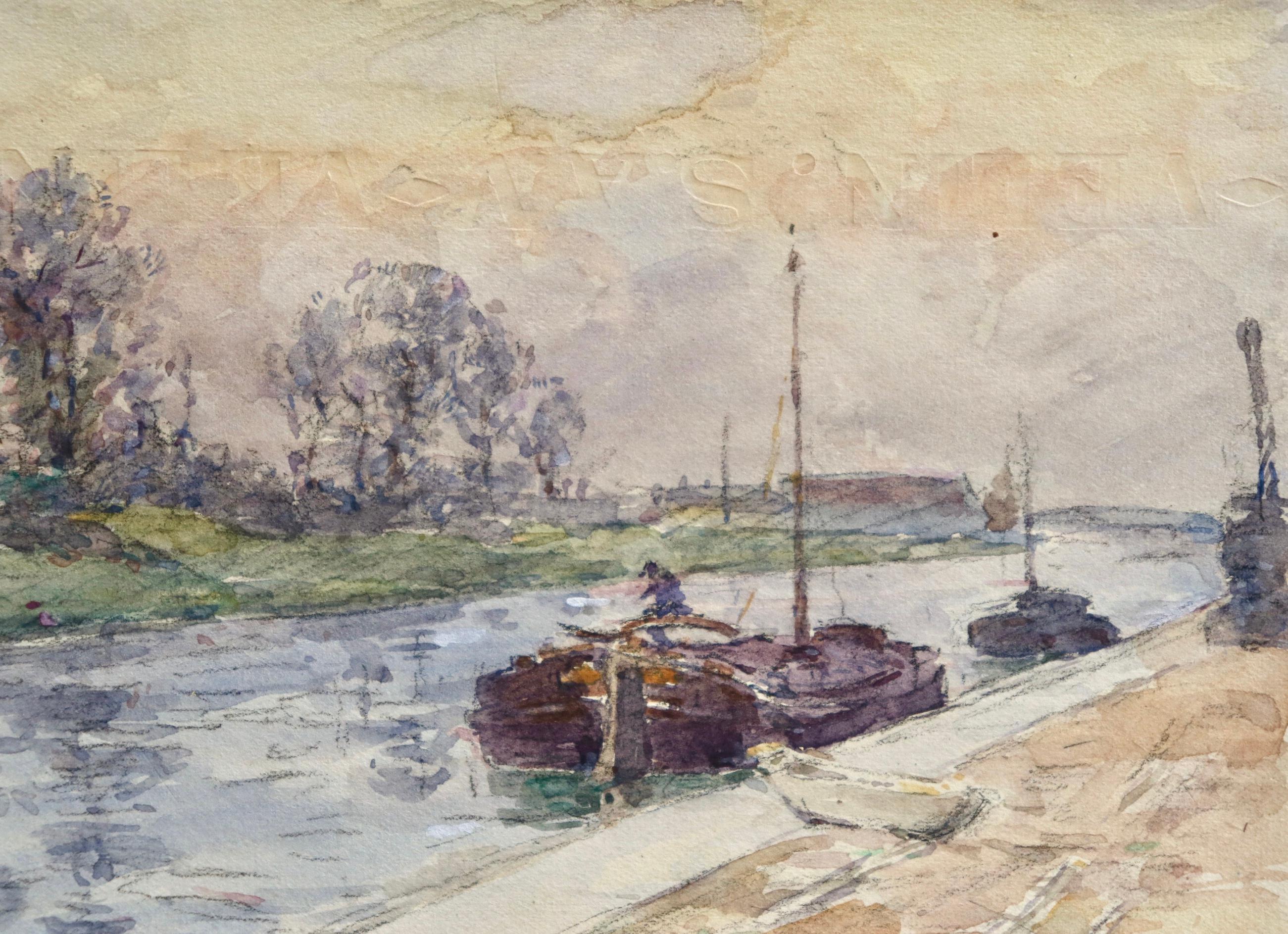 Péniches sur le canal - Impressionist Watercolour, Landscape by Henri Duhem 4