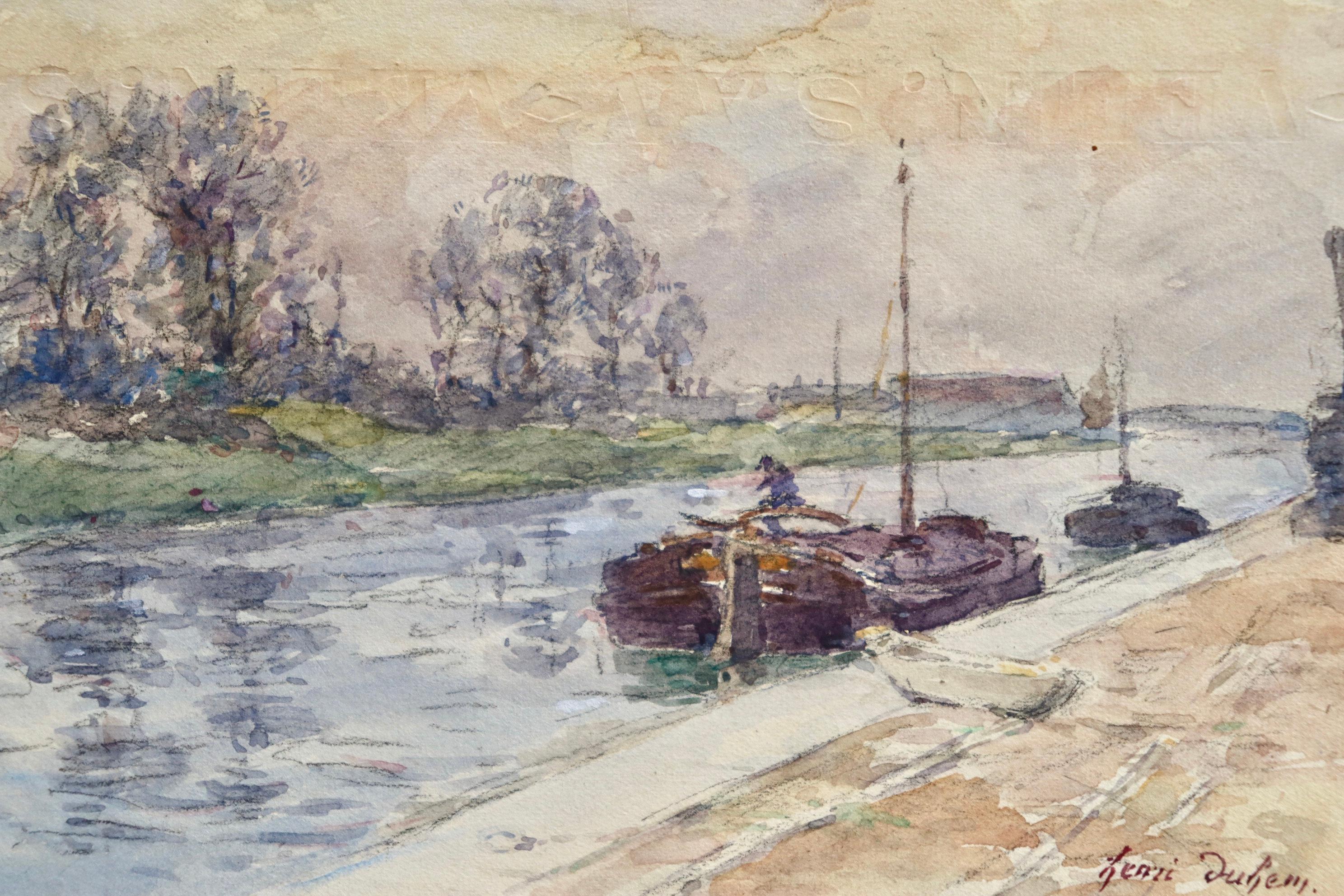 Péniches sur le canal - Impressionist Watercolour, Landscape by Henri Duhem 5