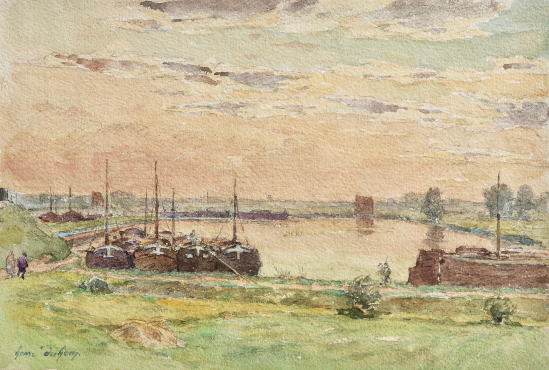 Aquarell auf Papier von Henri Duhem, französischer Impressionist, um 1910. Es zeigt vertäute Fischerboote, während der Himmel in der Ferne bei Sonnenuntergang rosa leuchtet. Signiert unten links. Dieses Stück ist derzeit nicht gerahmt, aber ein