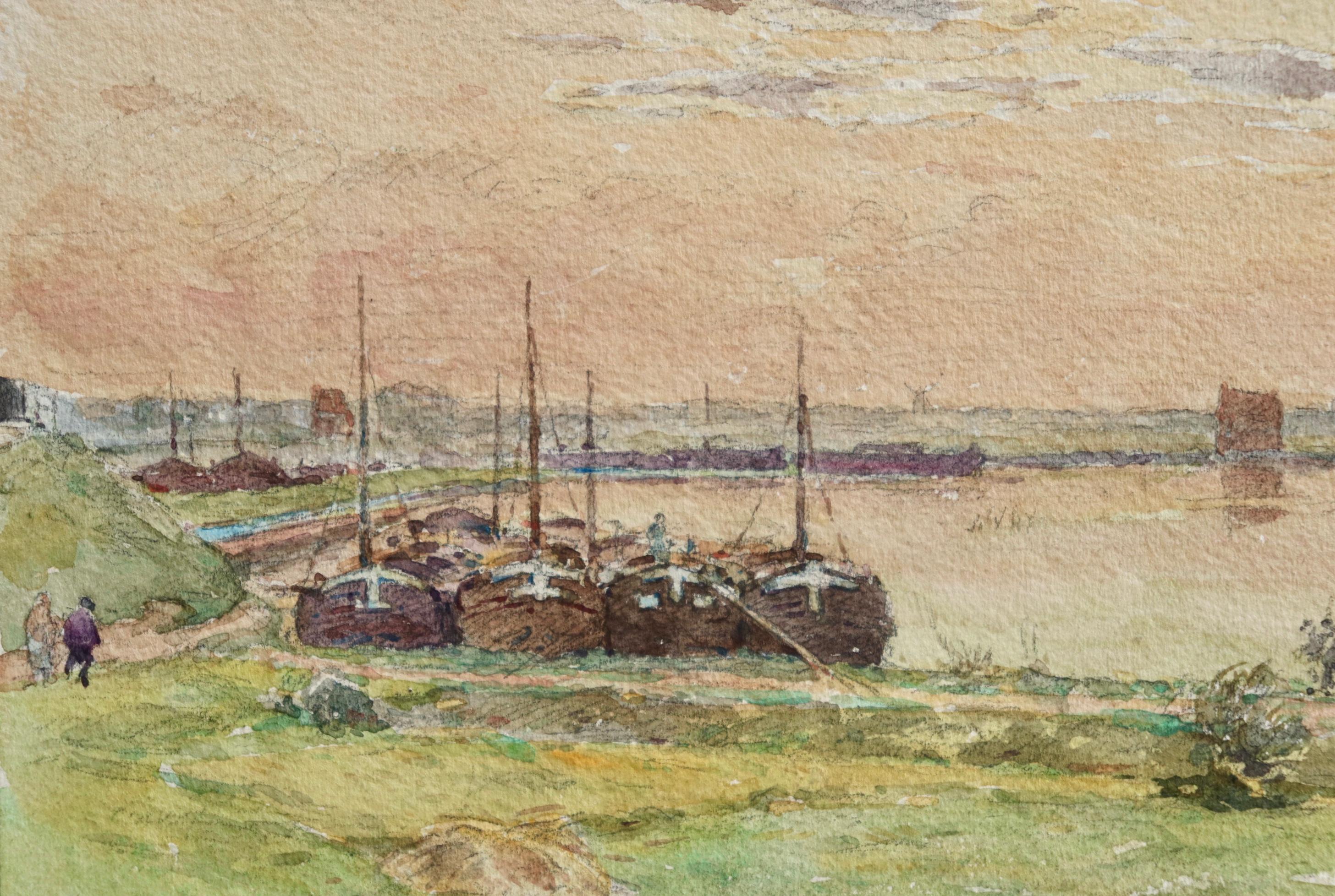 Watercolour on paper circa 1910 by French Impressionist painter Henri Duhem depicting fishing boats moored up as the sky in the distance glows pink as the sun sets. Signed lower left. This piece is not currently framed but a suitable frame can be