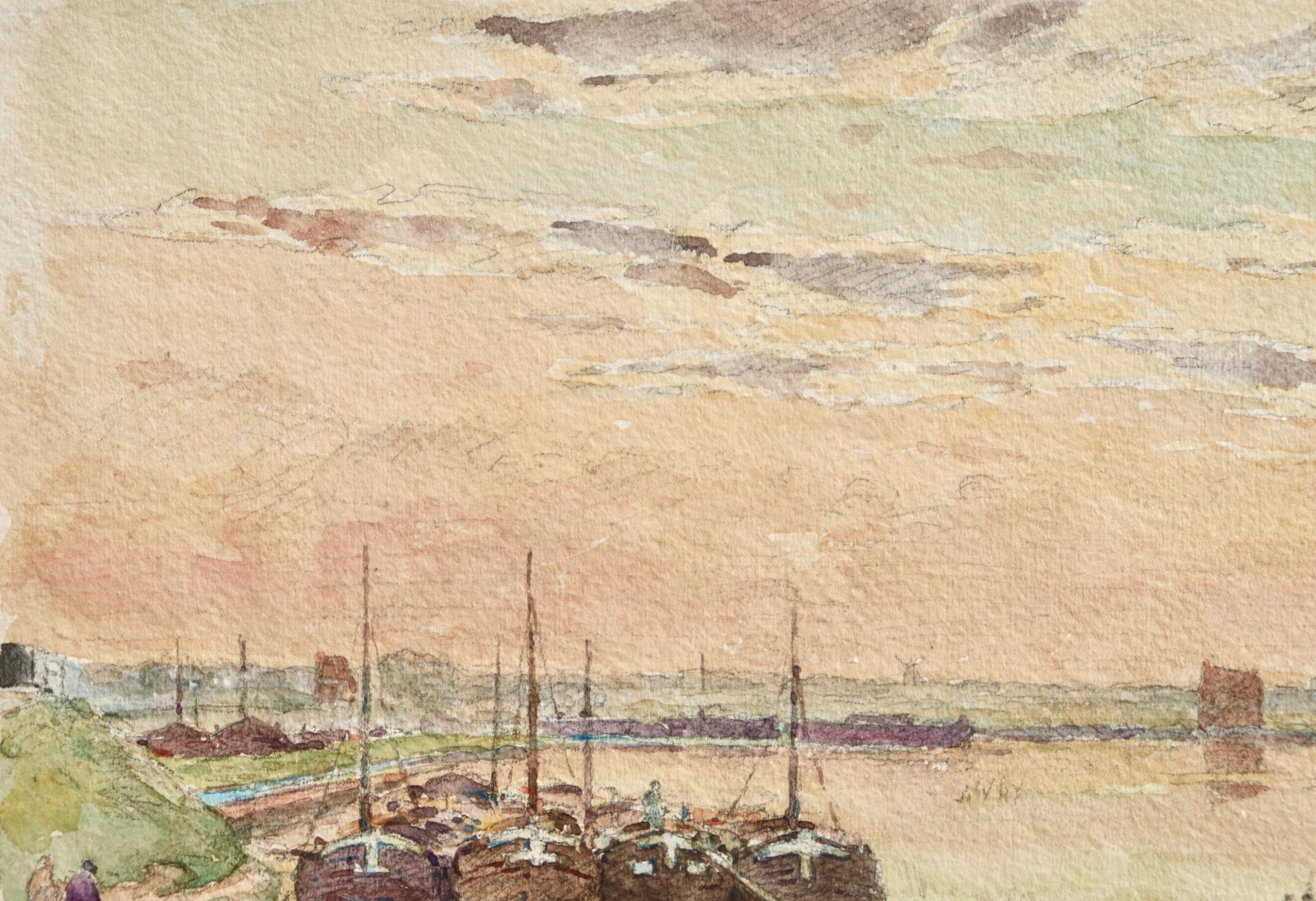 Fishing boats moored - Impressionistisches Aquarell, Landschaft von Henri Duhem im Angebot 5