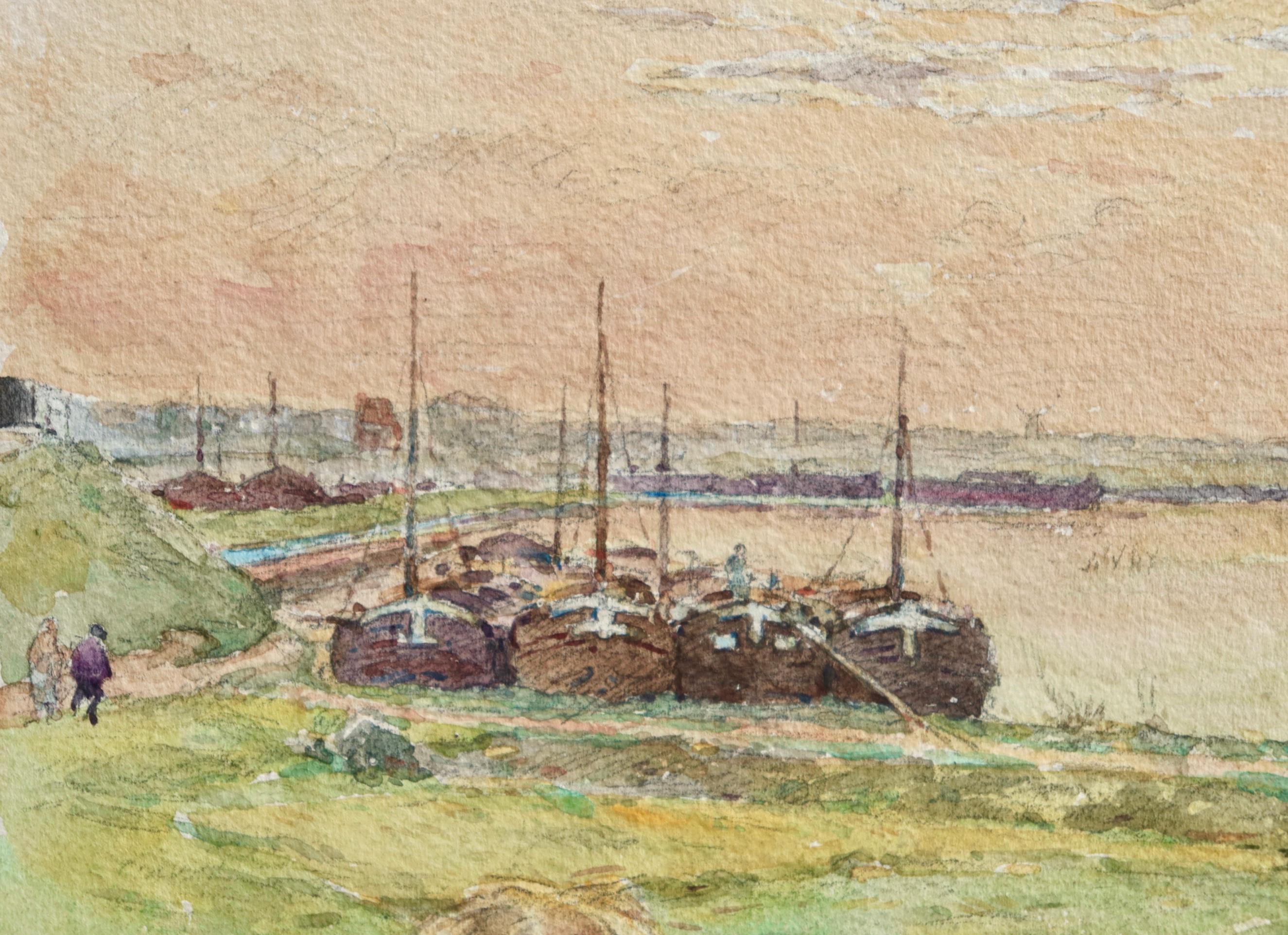 Fishing boats moored - Impressionistisches Aquarell, Landschaft von Henri Duhem im Angebot 8