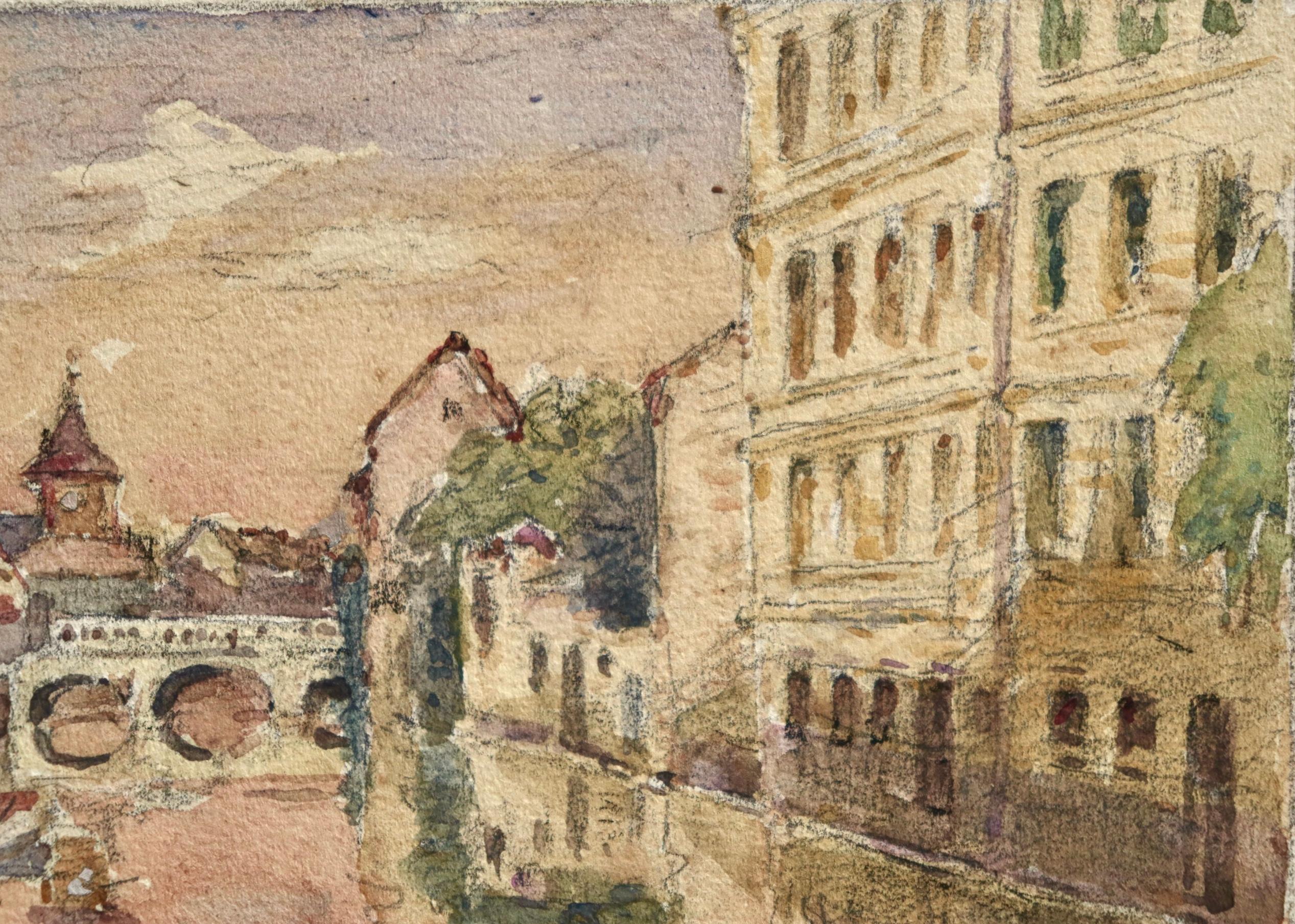 Watercolour on paper circa 1905 by French Impressionist painter Henri Duhem depicting a view of a canal - the surrounding buildings and bridge reflecting in the tranquil water as the sun sets. Signed lower left. This piece is not currently framed