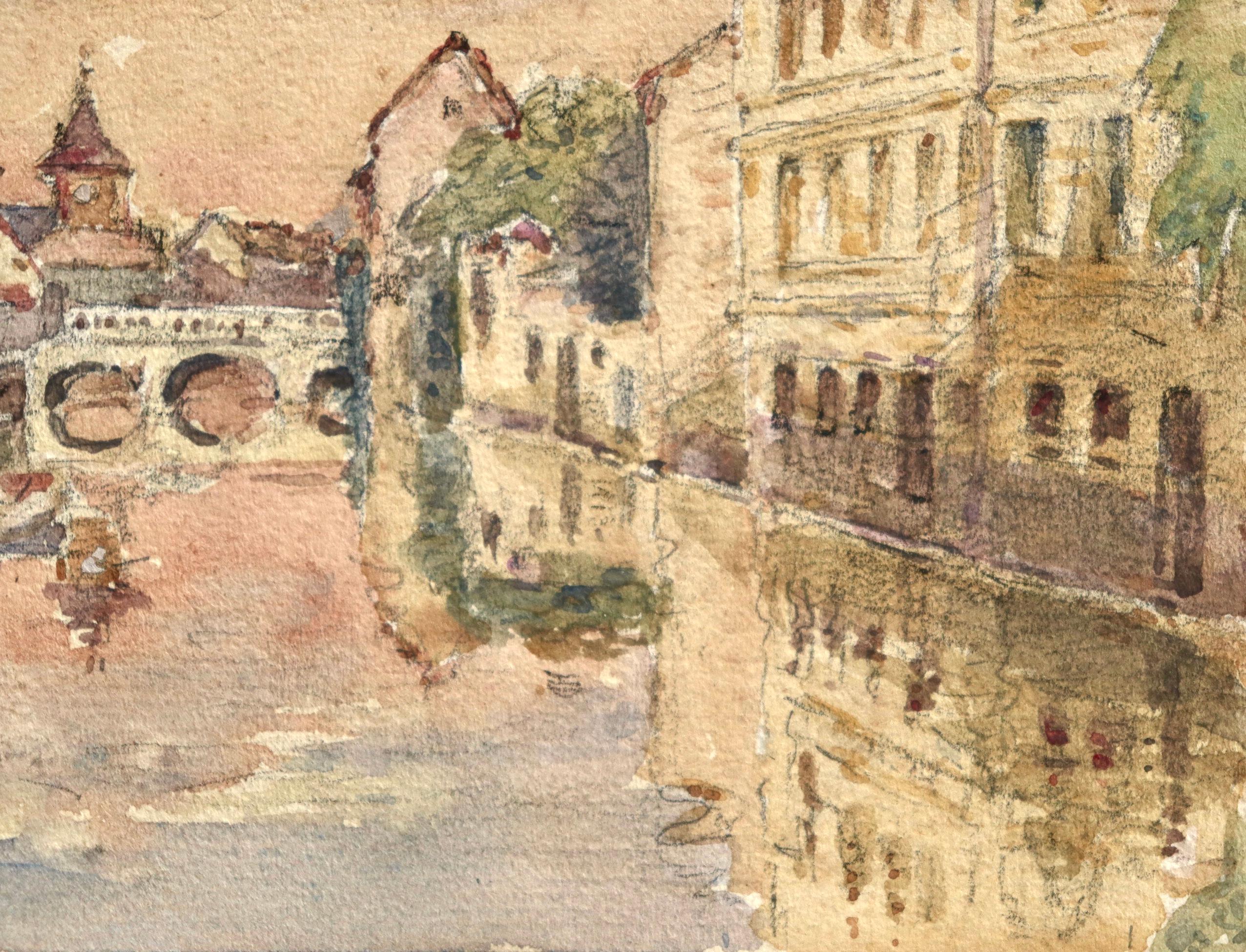 Reflektionen - Canal at sundown - Impressionistisches Aquarell, Landschaft von H Duhem im Angebot 1