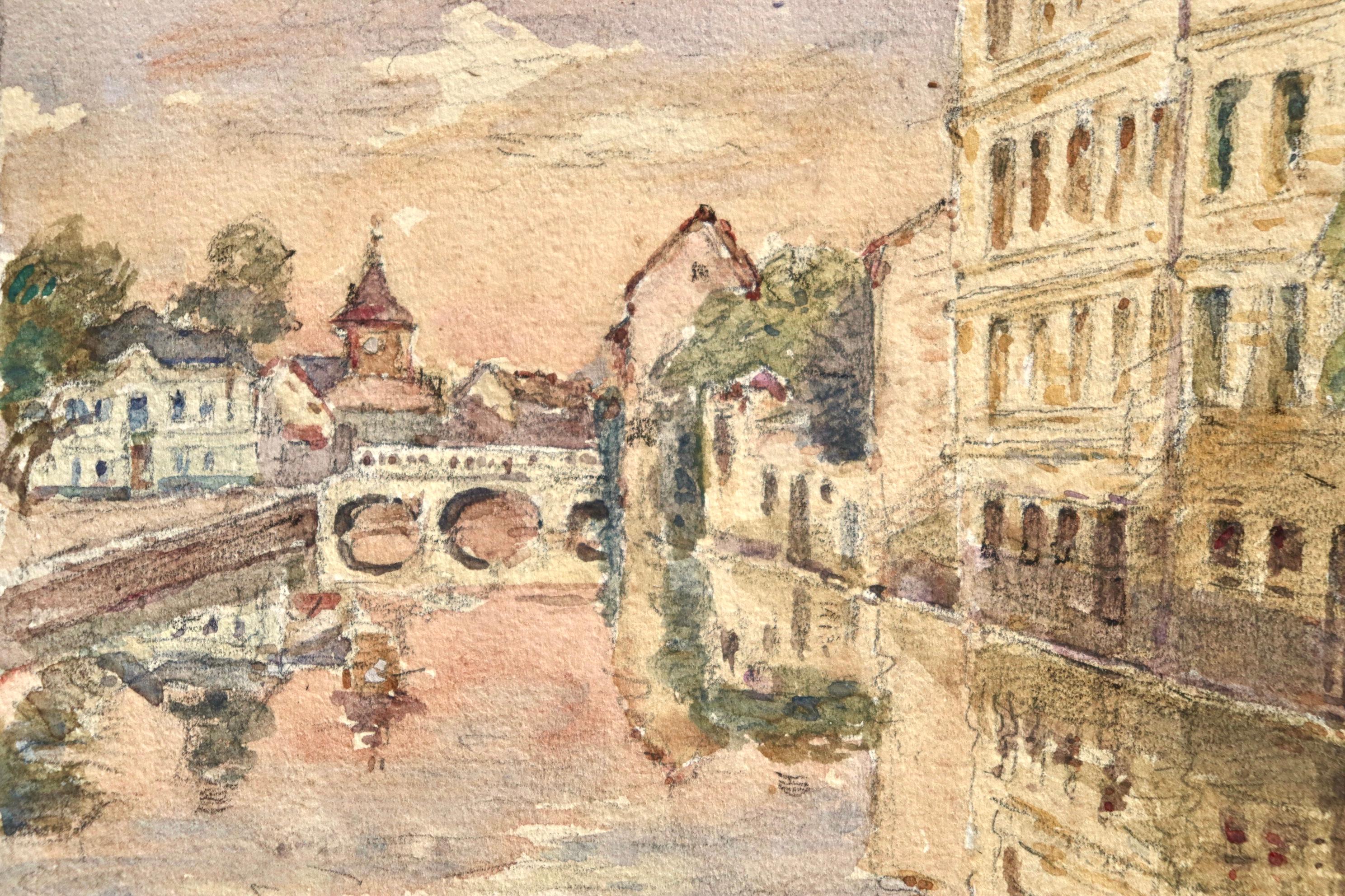Reflections - Canal at sundown - Impressionist Watercolour, Landscape by H Duhem 2