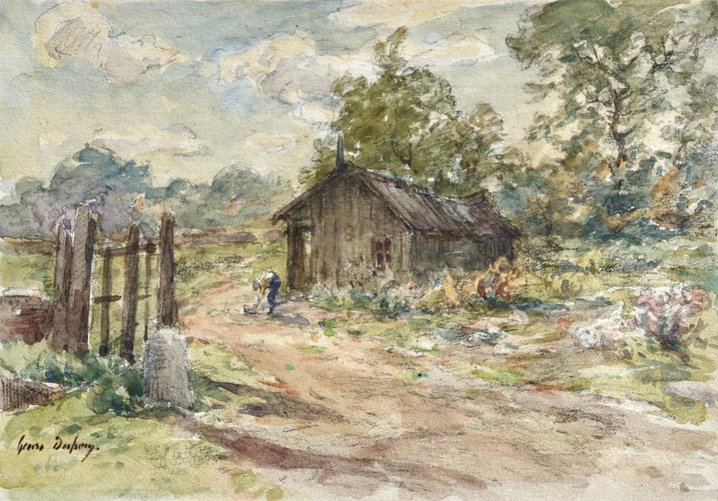 Aquarell auf Papier um 1907 von dem französischen impressionistischen Maler Henri Duhem, das einen Mann zeigt, der neben einem kleinen Holzhaus in einer ländlichen französischen Landschaft steht. Signiert unten links. Dieses Stück ist derzeit nicht