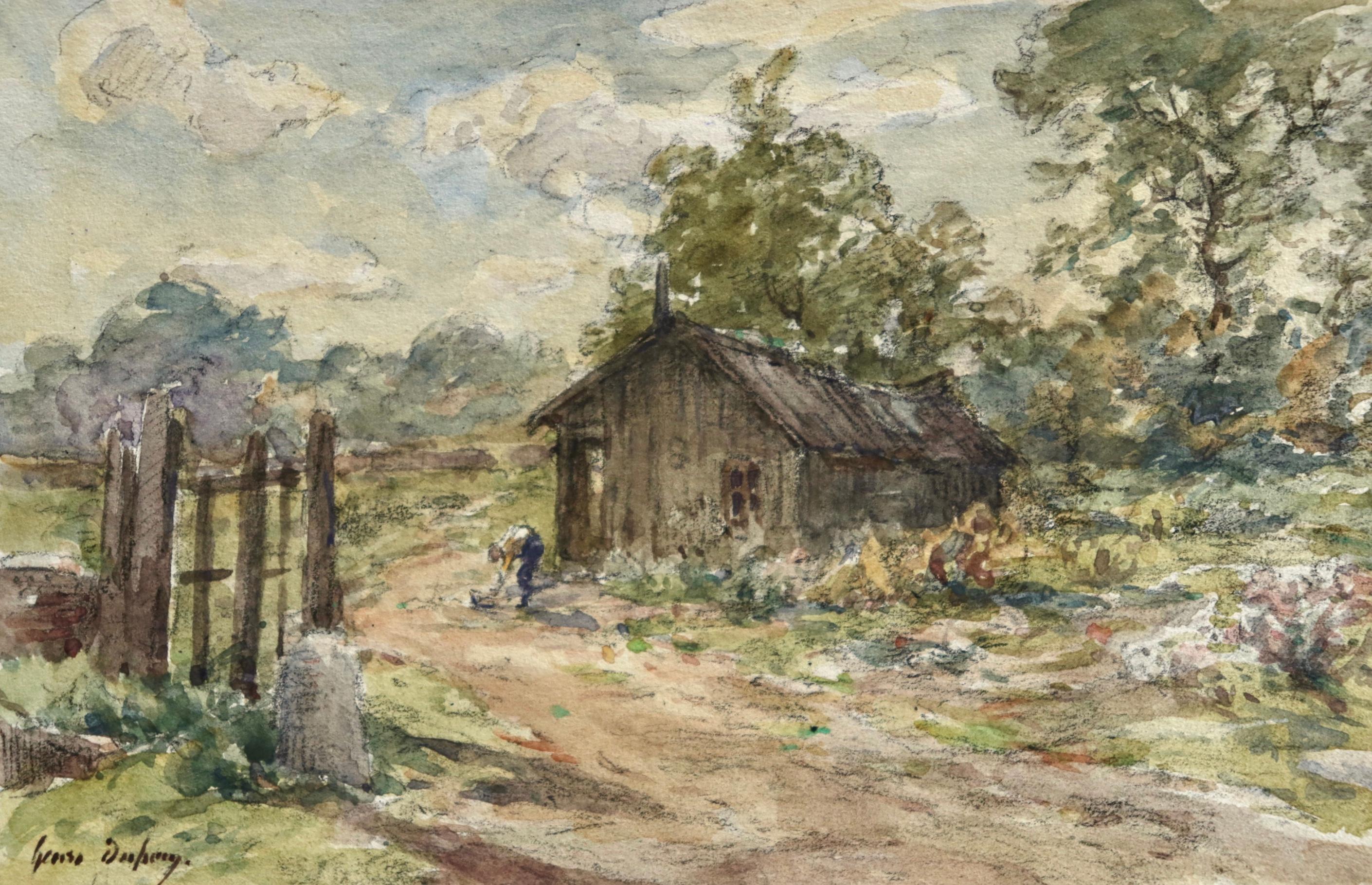Watercolour on paper circa 1907 by French Impressionist painter Henri Duhem depicting a a man standing beside a small wooden house in a rural French landscape. Signed lower left. This piece is not currently framed but a suitable frame can be sourced