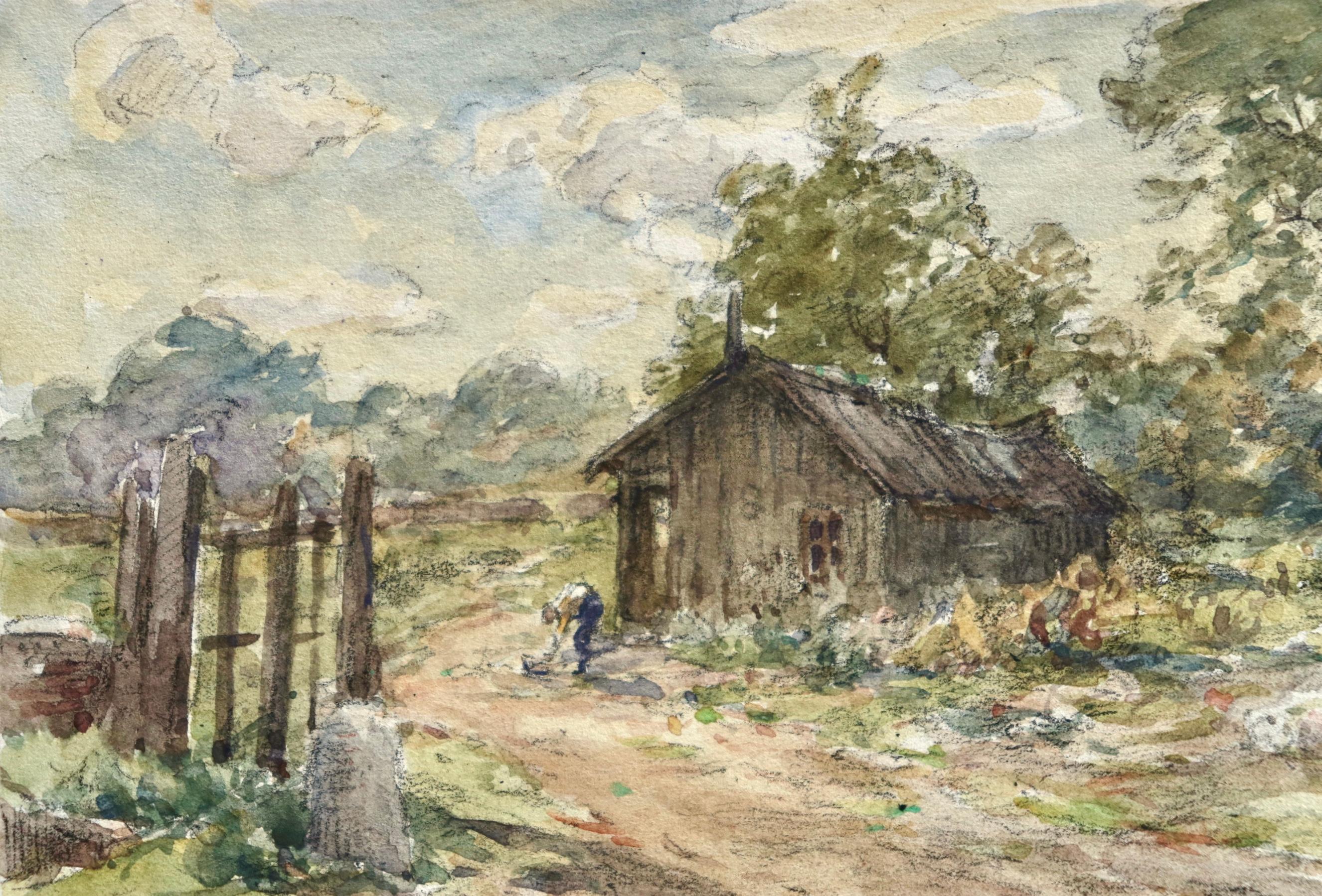Impressionistisches Aquarell, Landschaft von Henri Duhem, „Das kleine Haus im Bois“ im Angebot 3