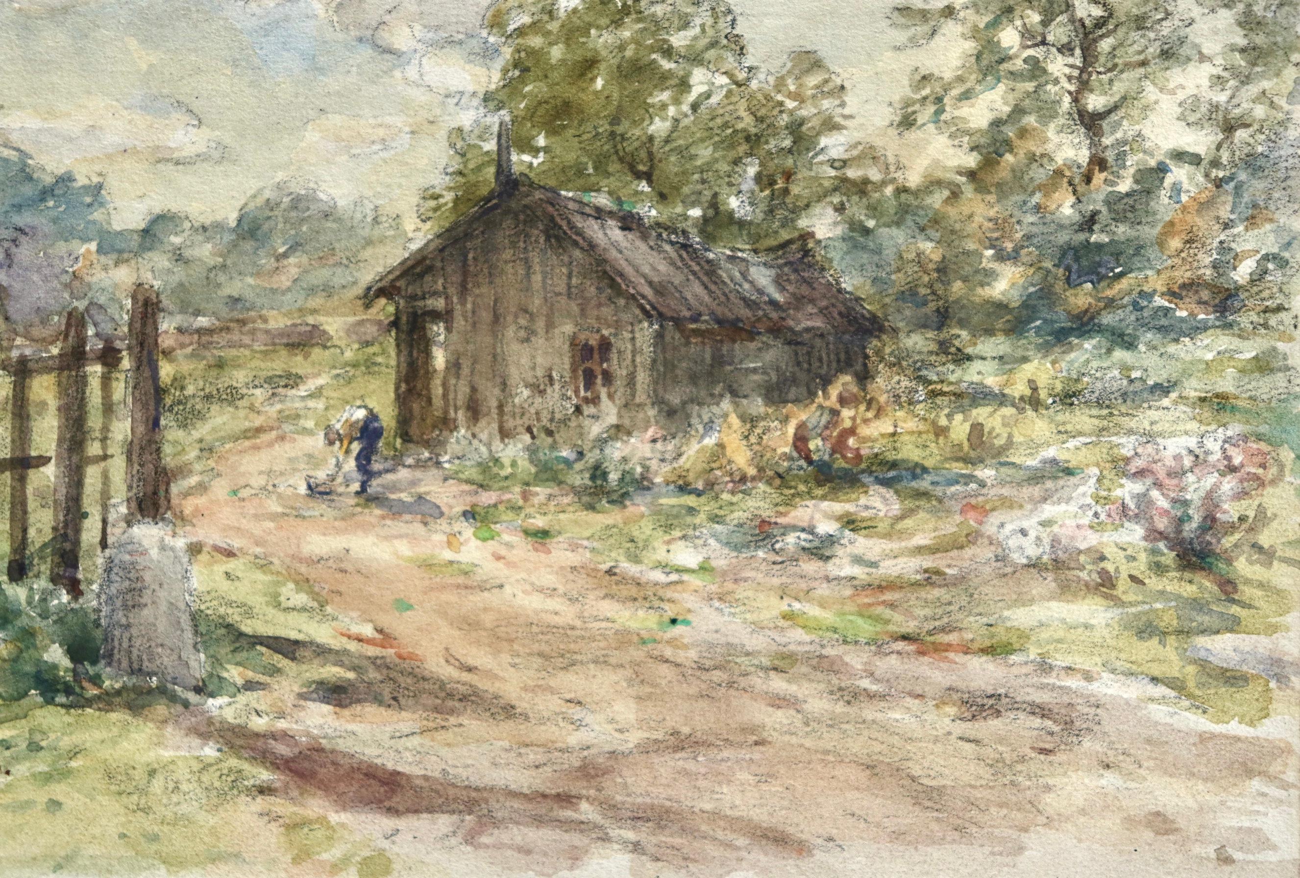 Impressionistisches Aquarell, Landschaft von Henri Duhem, „Das kleine Haus im Bois“ im Angebot 5