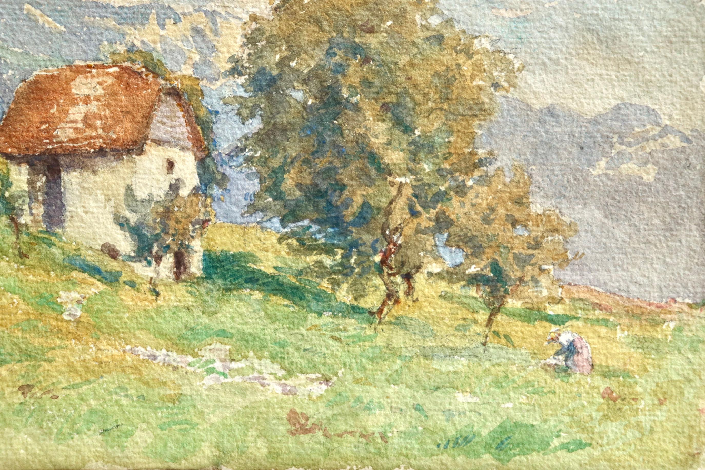 Watercolour on paper circa 1925 by French Impressionist painter Henri Duhem depicting a woman standing near a small white chalet house in the hill near Lake Geneva (Lac Léman in French). White clouds roll through the blue on a sunny day. Signed