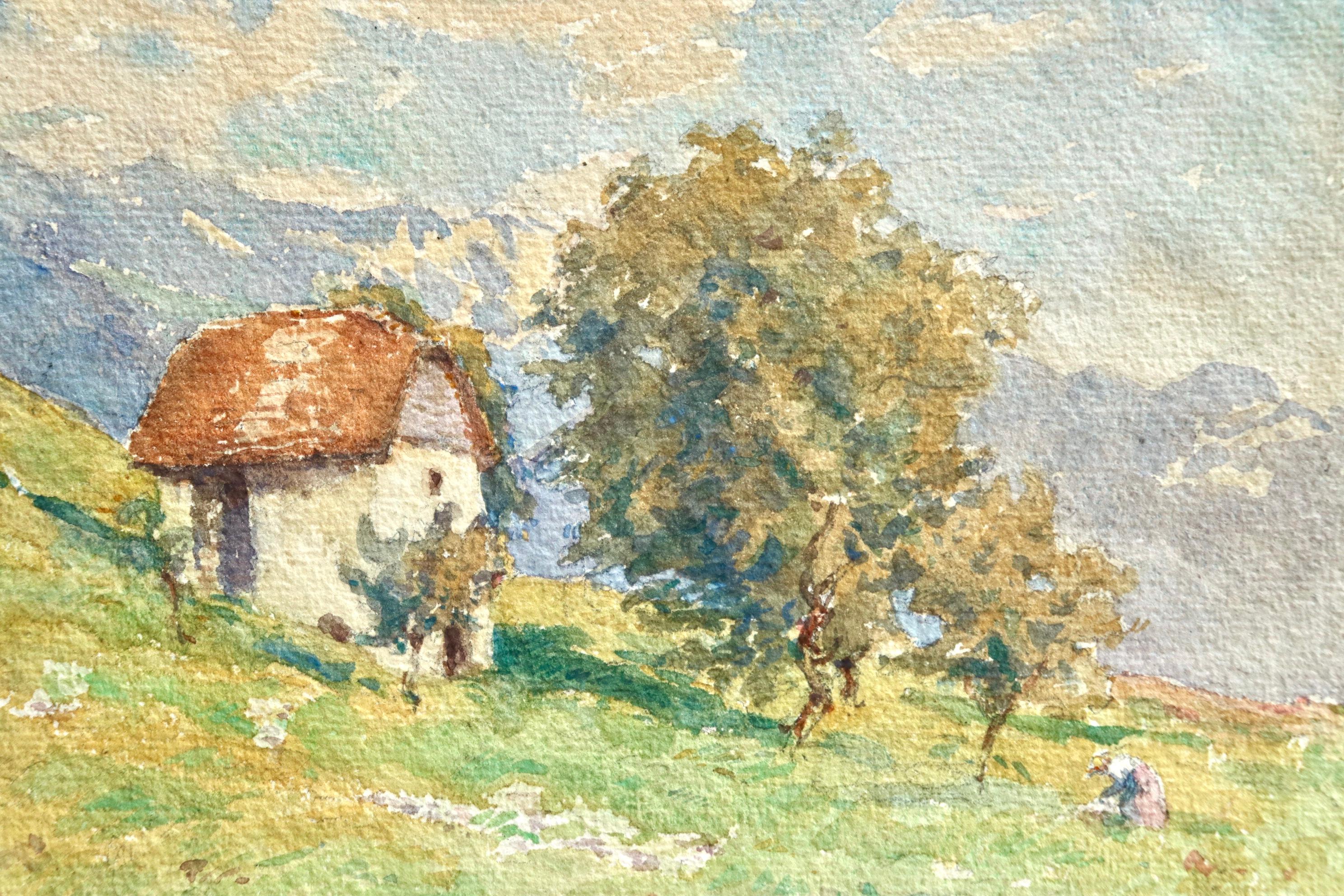 Maison sur la colline – Impressionistisches Aquarell, Landschaft von Henri Duhem im Angebot 3