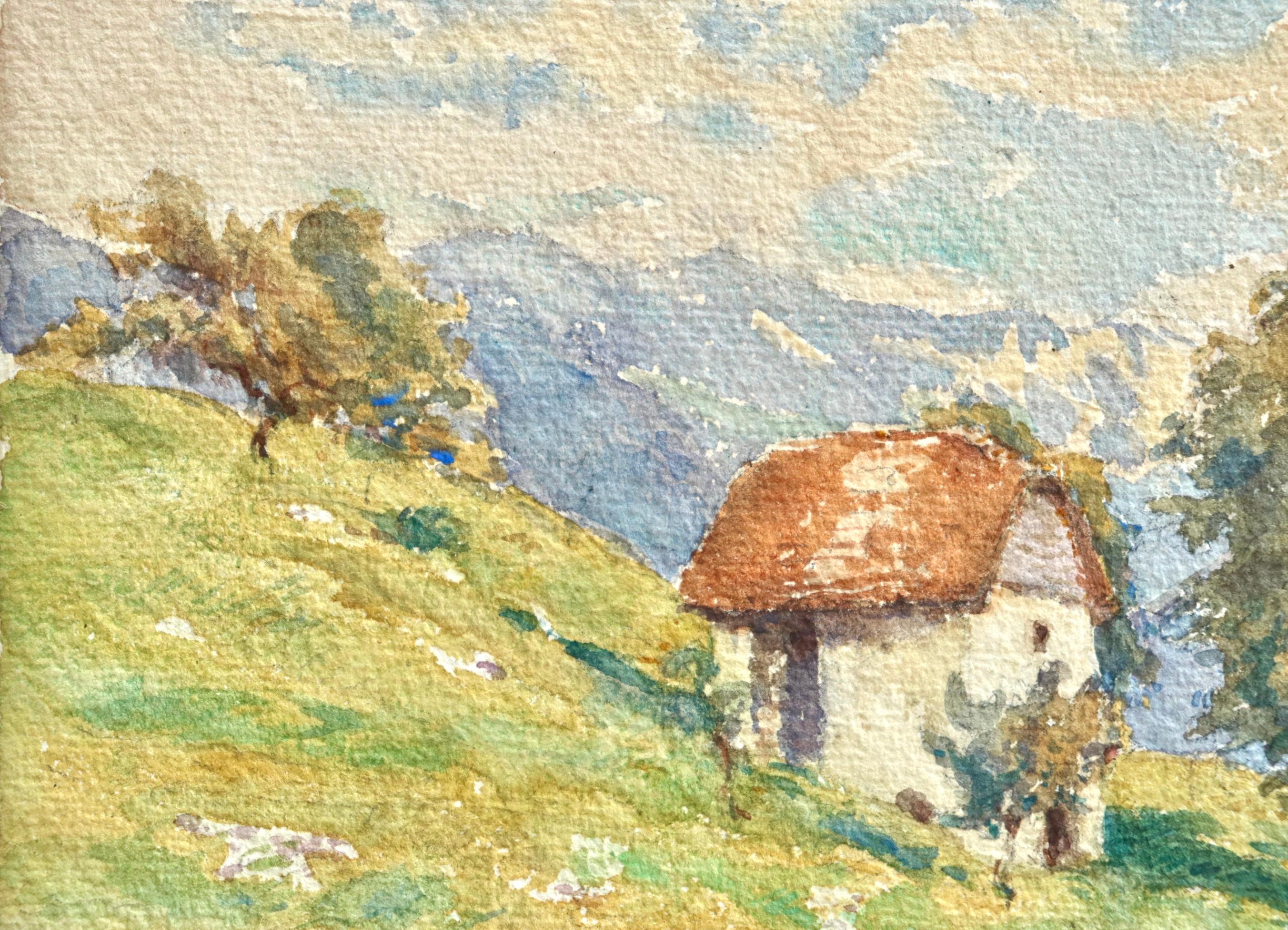 Maison sur la colline – Impressionistisches Aquarell, Landschaft von Henri Duhem im Angebot 4