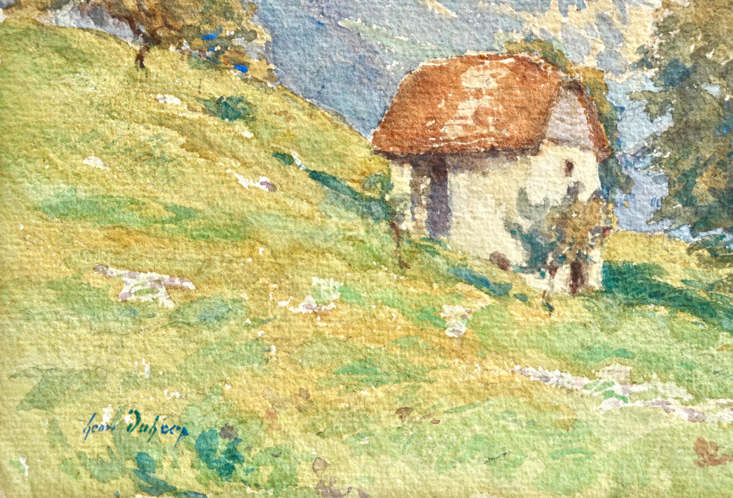 Maison sur la colline – Impressionistisches Aquarell, Landschaft von Henri Duhem im Angebot 5