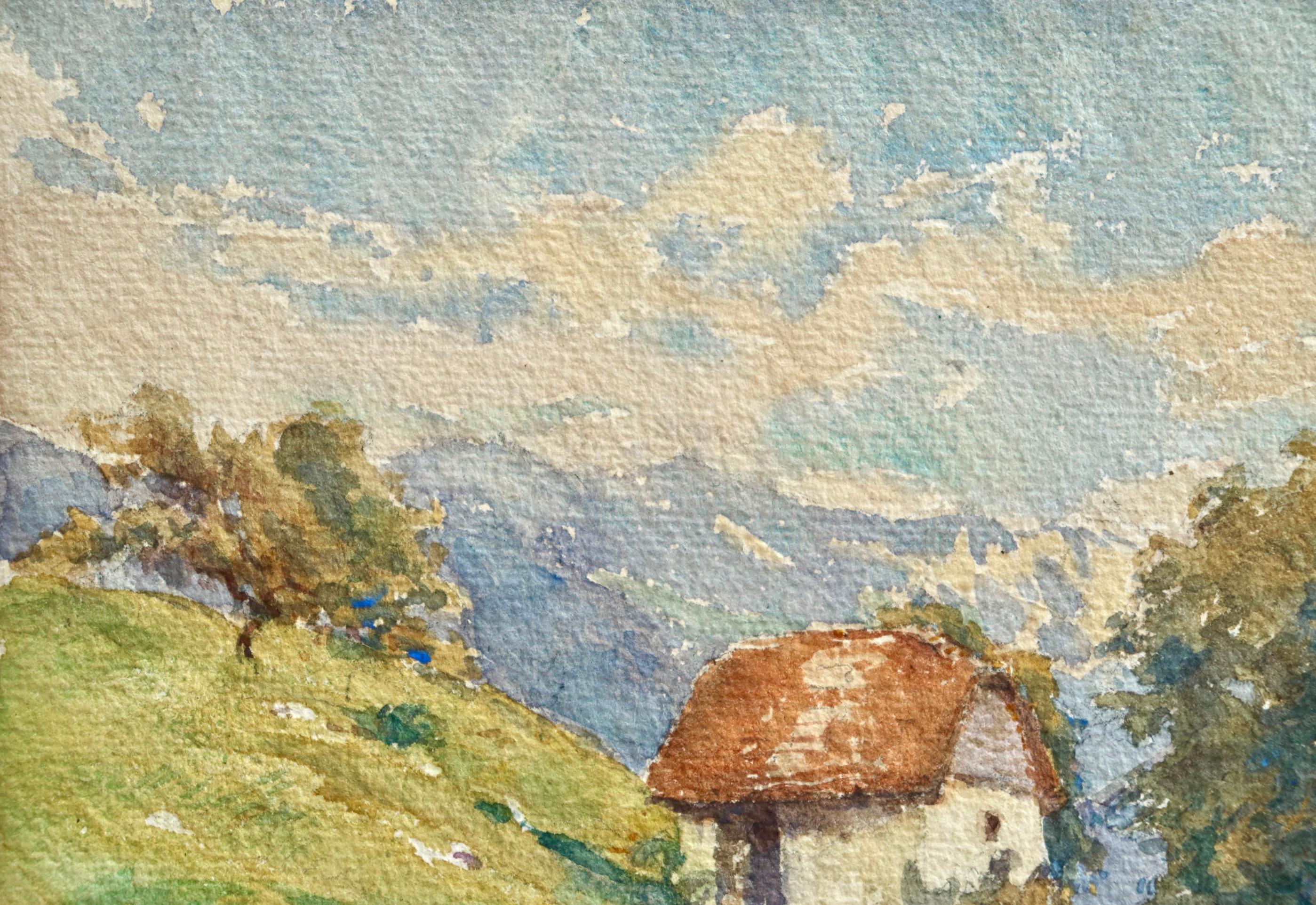 Maison sur la colline – Impressionistisches Aquarell, Landschaft von Henri Duhem im Angebot 6
